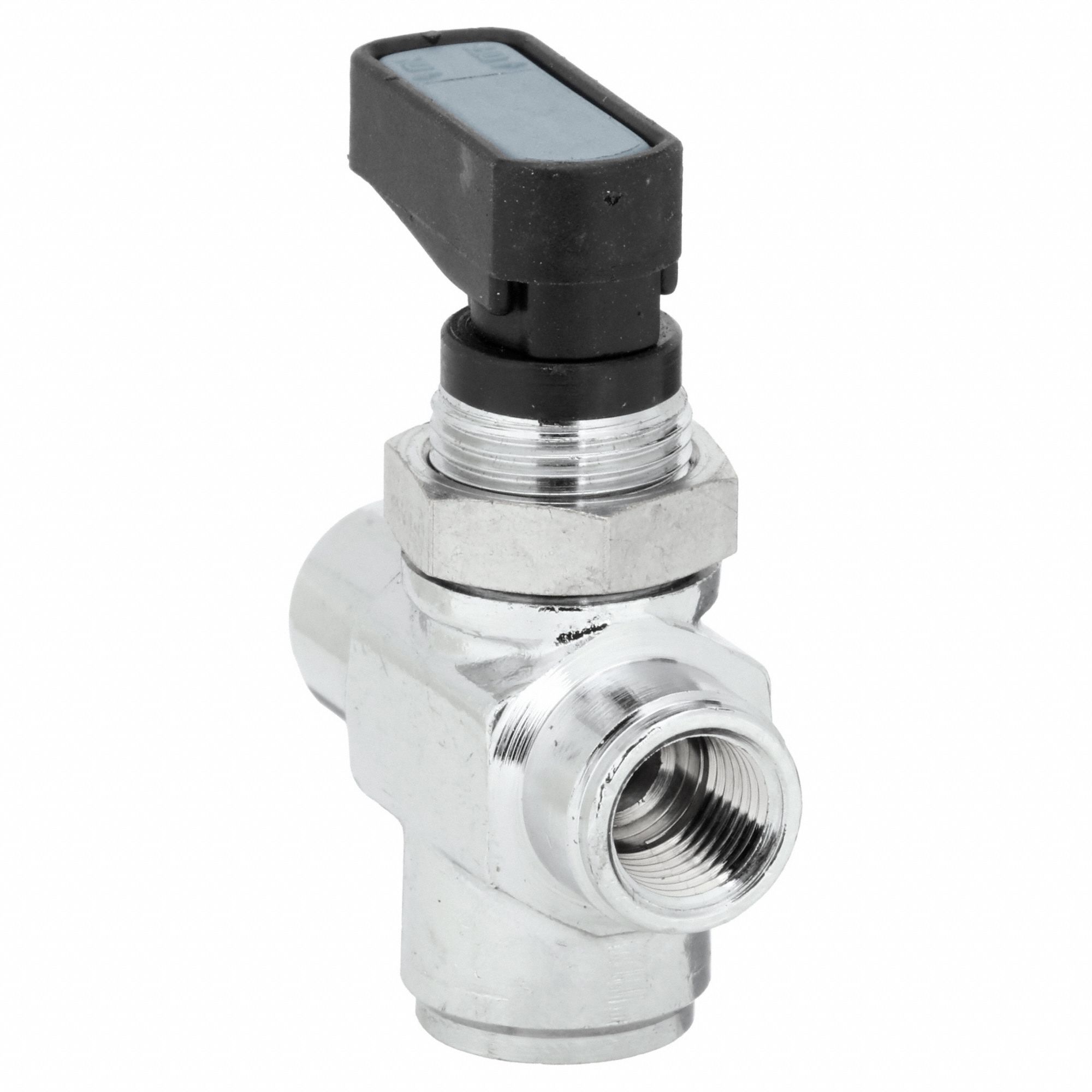 Manual Three-Way Ball Valve: 1/8 in, Chrome-Plated Brass, FNPT x FNPT x FNPT, One-Piece