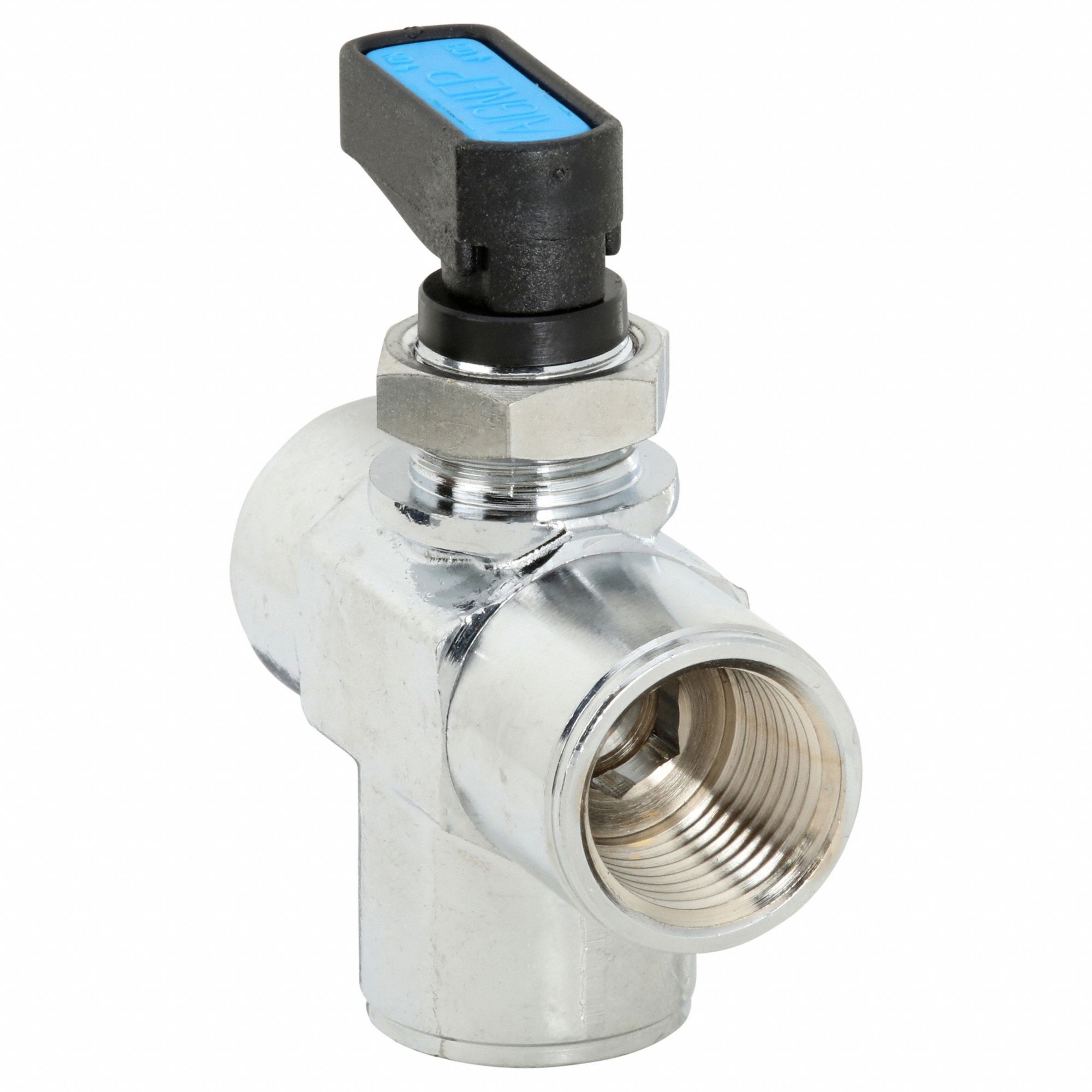 Manual Three-Way Ball Valve: 3/8 in, Chrome-Plated Brass, FNPT x FNPT x FNPT, One-Piece