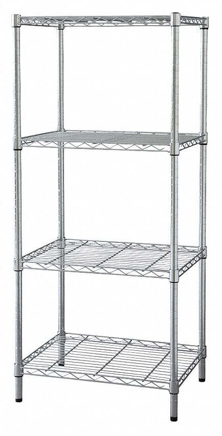WIRE SHELVING UNIT, STARTER, 48 IN X 24 IN, 74 IN OVERALL H, 4 SHELVES, DRY, SILVER