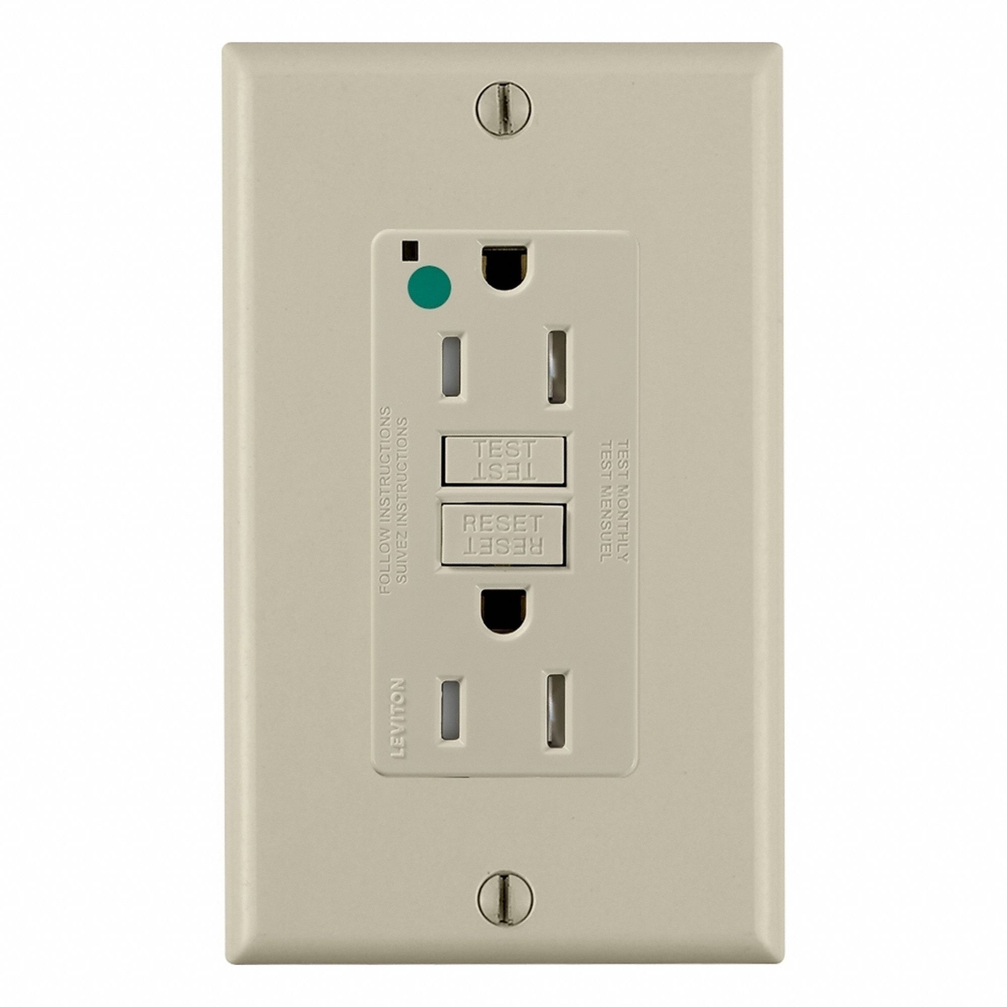 GFCI Duplex Receptacle Outlet: Duplex, 5-15R, 15 A/20 A, 125V AC, Ivory, Screw Terminals