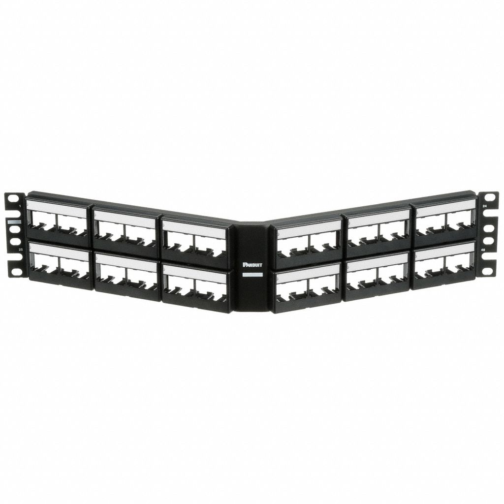 Patch Panel: 2 Rack Units, 48 Ports, Angled, Label Pockets, Steel, 4 3/8 in Overall Ht