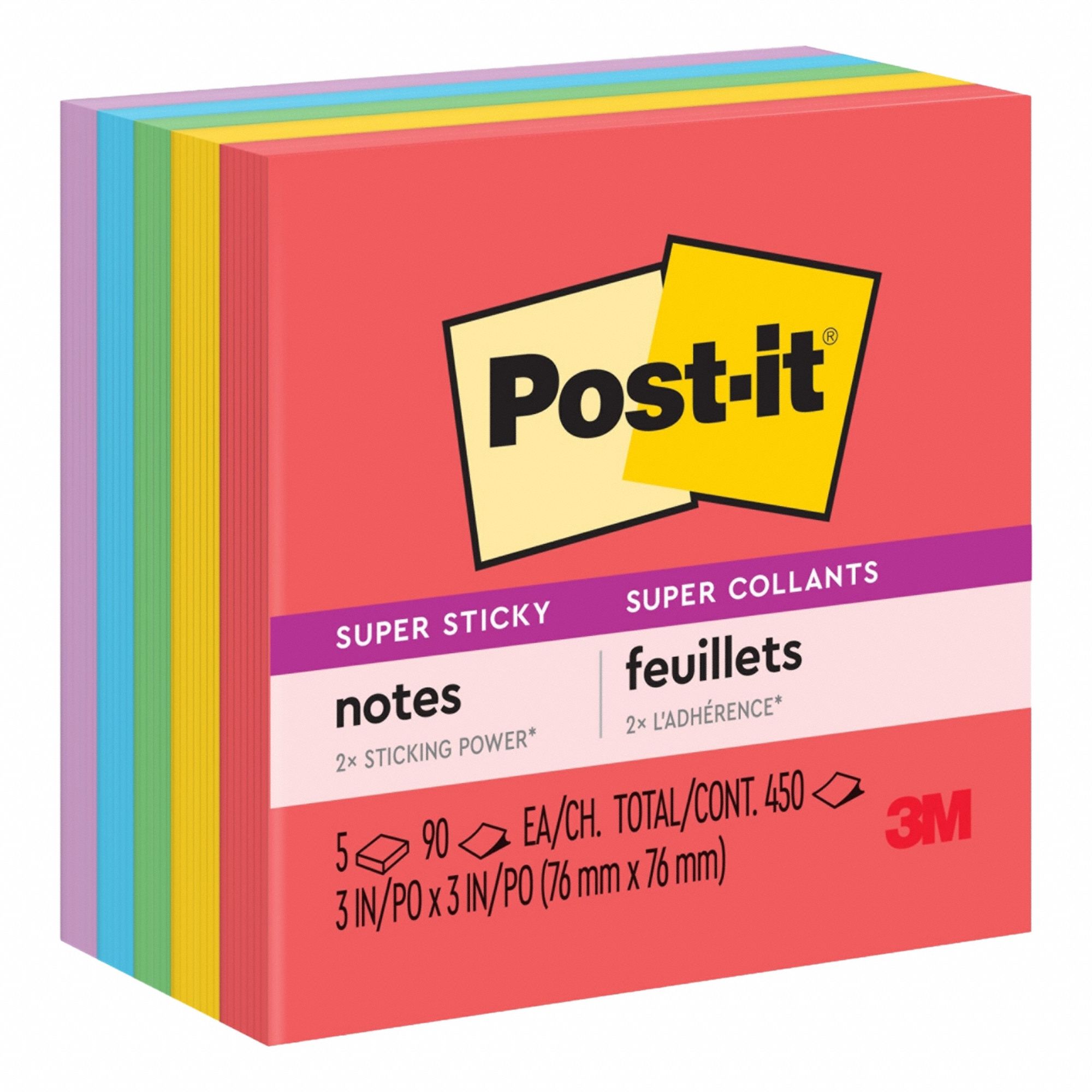 Sticky Notes: Assorted Bright, Super Sticky, 90 Sheets per Pad, 5 Pads per Pack, 3 in x 3 in
