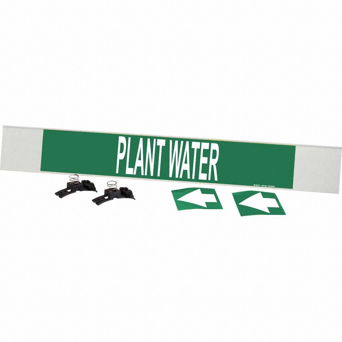 Pipe Marker: Plant Water, Green, White, Fits 8 in and Larger Pipe O.D., 1 Pipe Markers, With Arrows