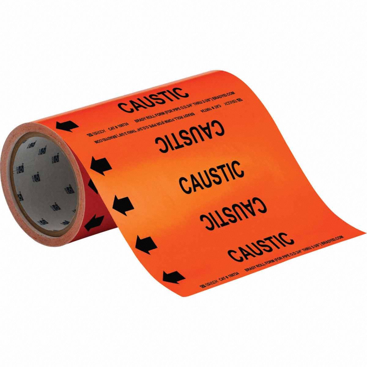 Pipe Marker: Caustic, Orange, Black, Fits 2 in and Smaller Pipe O.D., 30 Pipe Markers, With Arrows