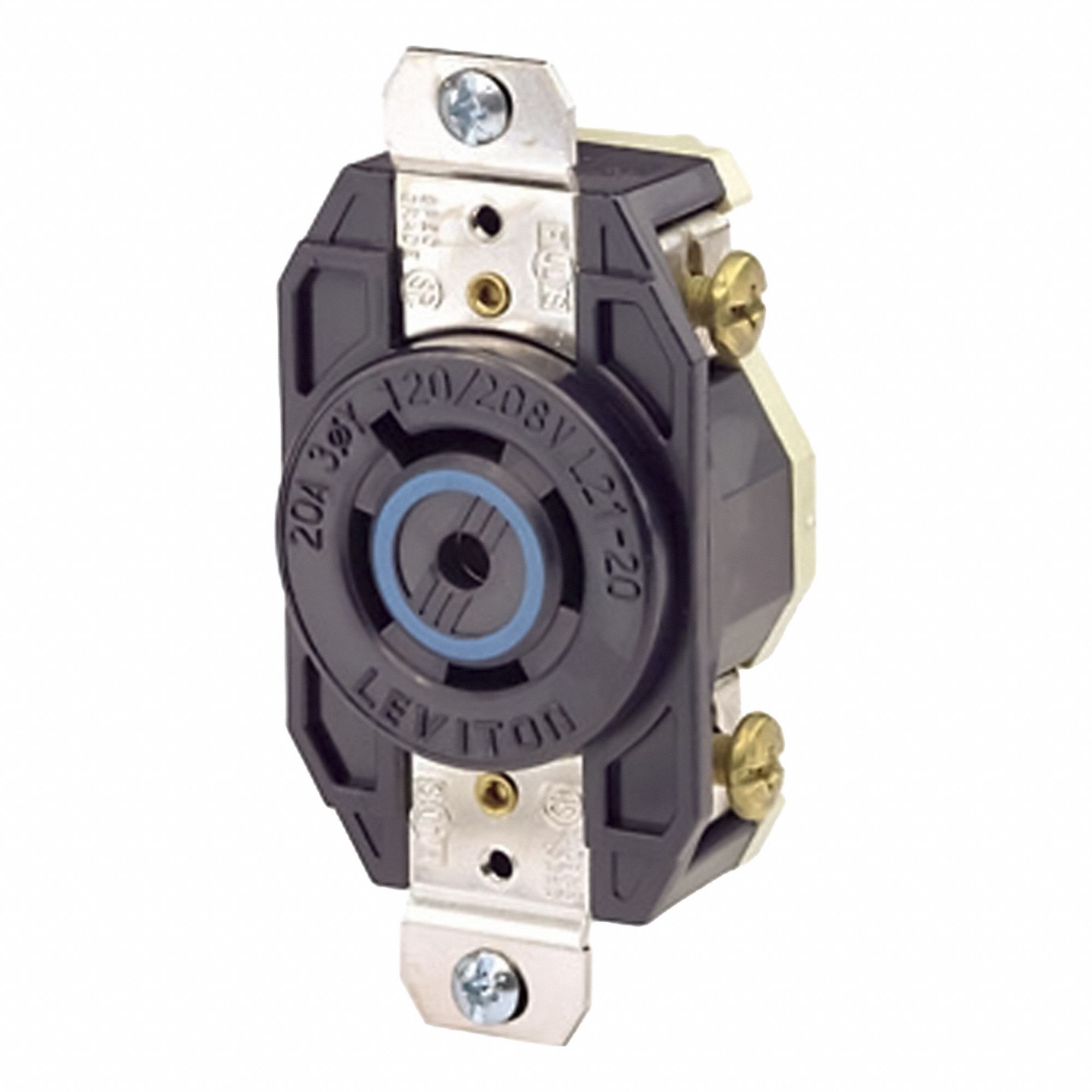 Flush Mounting Lock Receptacle: L21-20R, 20 A, 120/208V AC, Black, 4 Poles, Shrouded