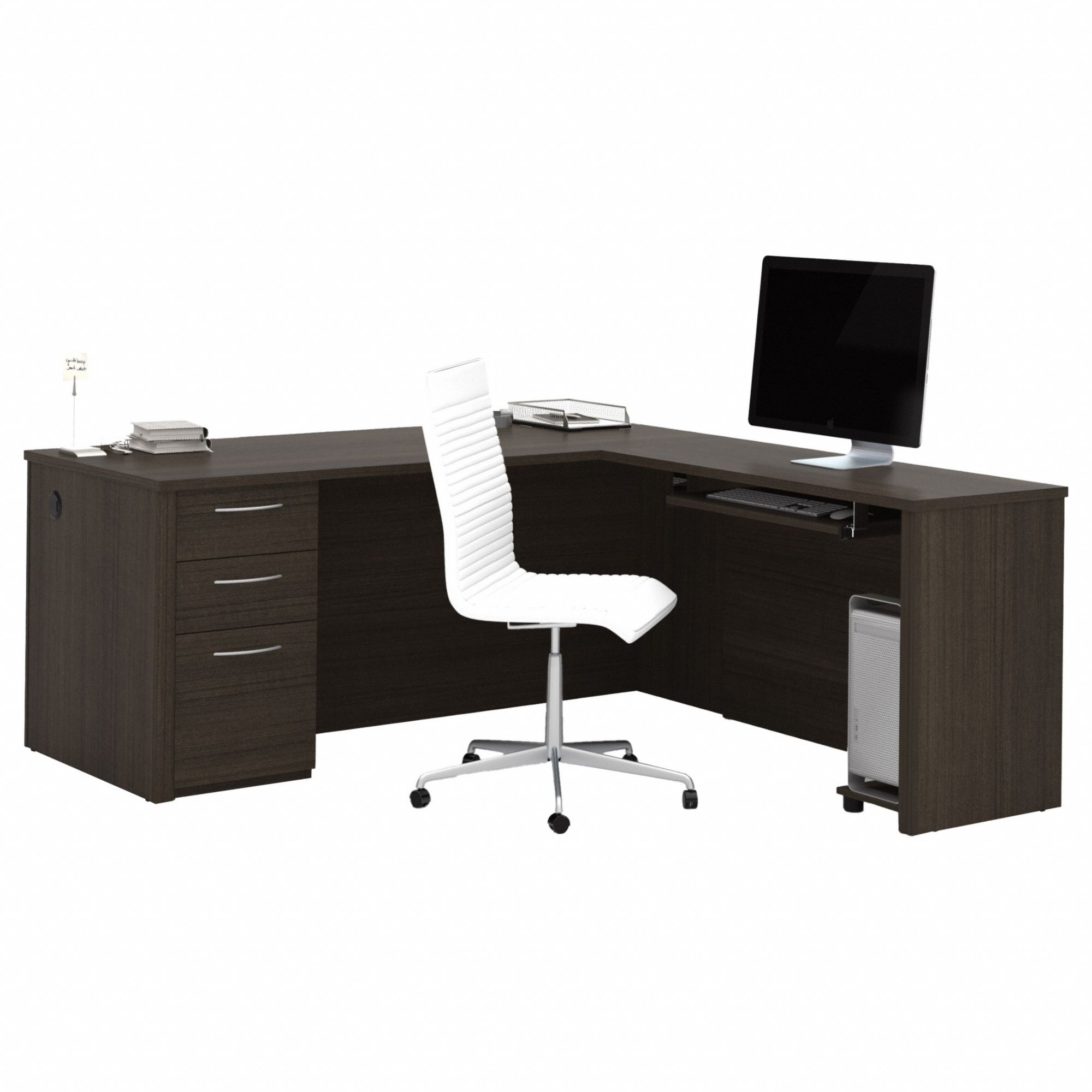 L-Shaped Office Desk: Dark Chocolate, 71 1/8 in Overall Wd, 76 1/4 in Overall Dp