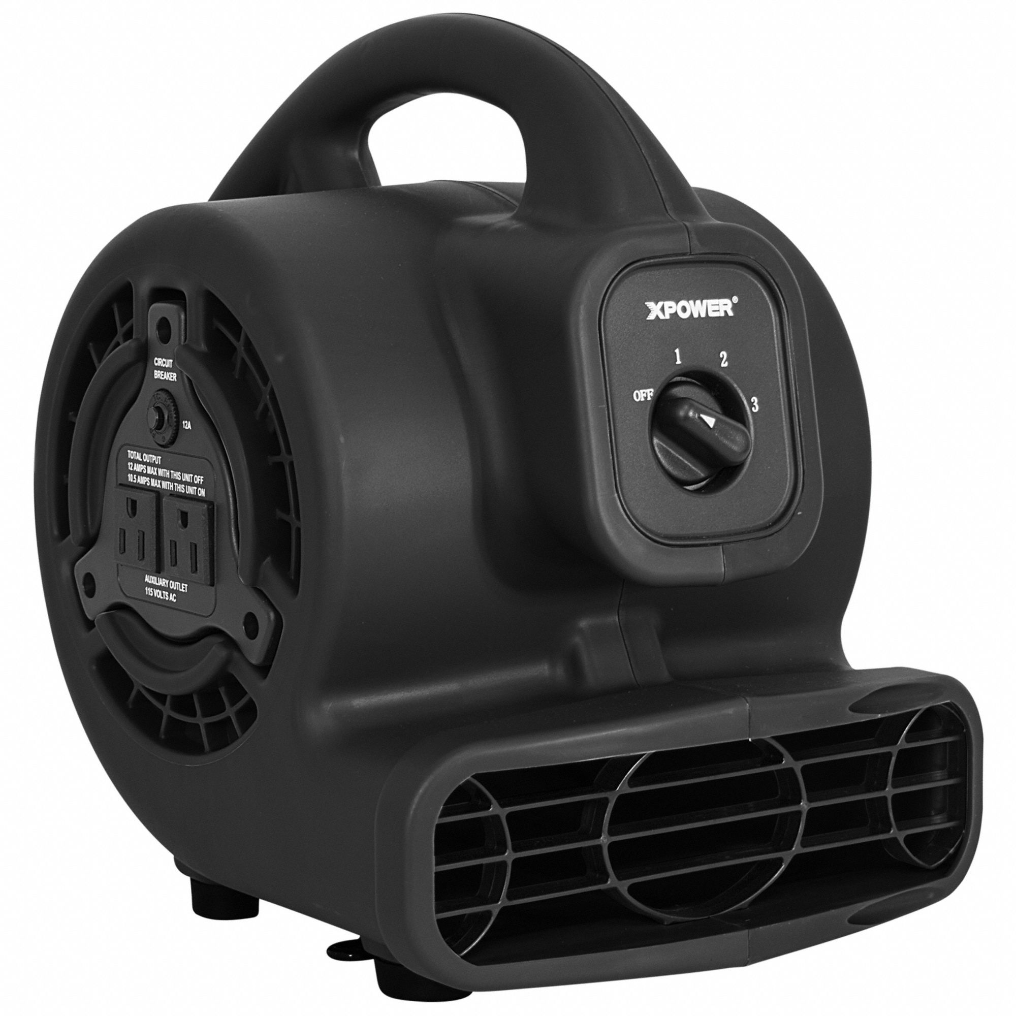 Air Mover: 600 cfm, Fixed Frame, 3 Speeds, 1/8 hp, 115V AC, 10 ft Cord, Black, Variable