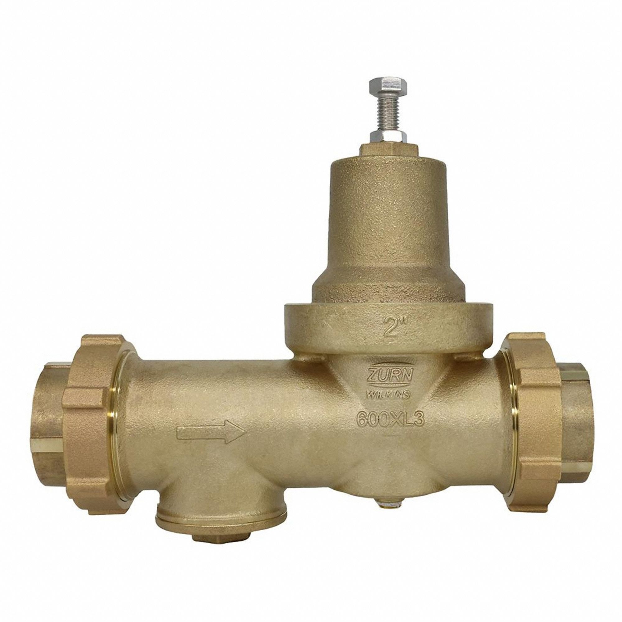 WILKINS Pressure Reducing Valve: FNPT x FNPT, 2 in Pipe Size, Brass, 15 psi to 75 psi, NPT x NPT (MPN 2-600XL3DU). Key specifications — Brand: WILKINS; Low-Lead Compliance: Low-Lead Compliant.