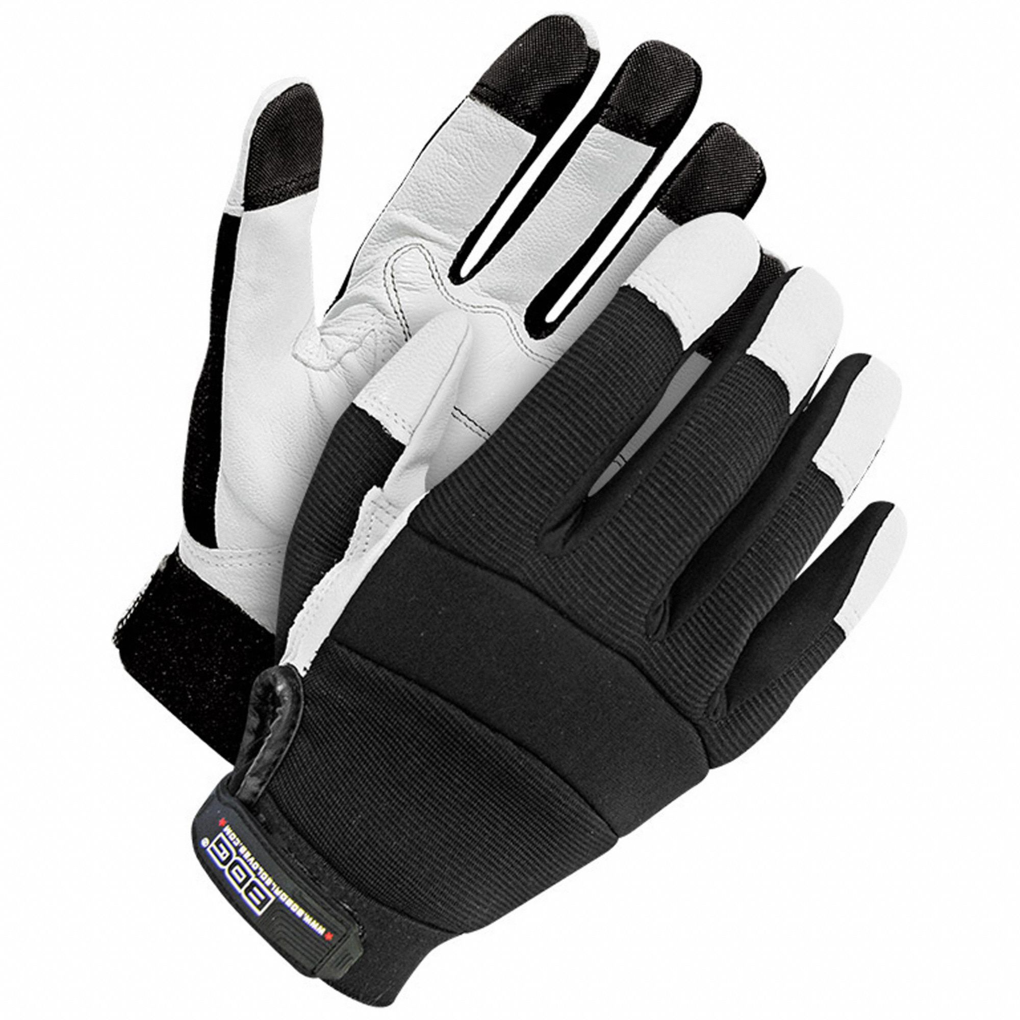 GOATSKIN MECHANICS GLOVES, M, BLK/WHITE, 9 IN, ELASTIC WRIST CUFF, SPANDEX BACK