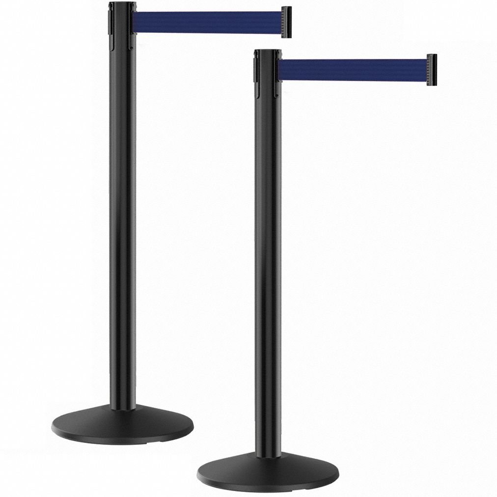 Belt Barrier System: 40 in Post Ht, 10 ft Belt Lg, Blue, 2 No. of Posts, Message, No Message