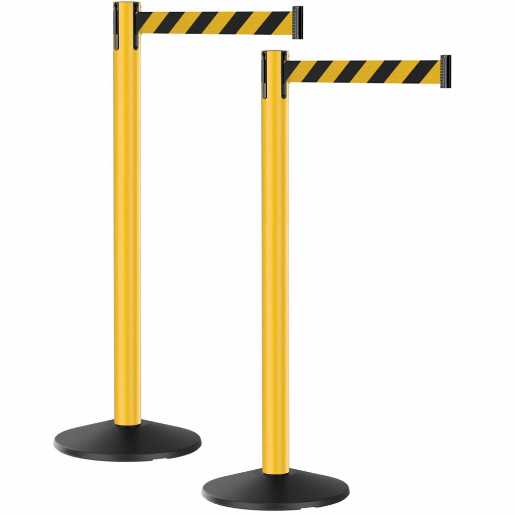 Belt Barrier System: 40 in Post Ht, 10 ft Belt Lg, Black/Yellow, 2 No. of Posts, Pattern, No Message