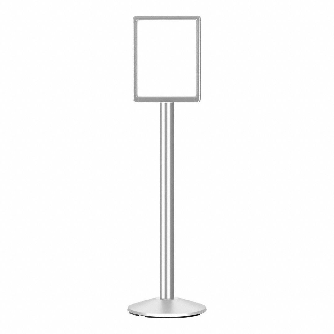 Floor Sign Holder: Metal, 50 in Ht, Silver, 14 in Compatible Sheet Ht