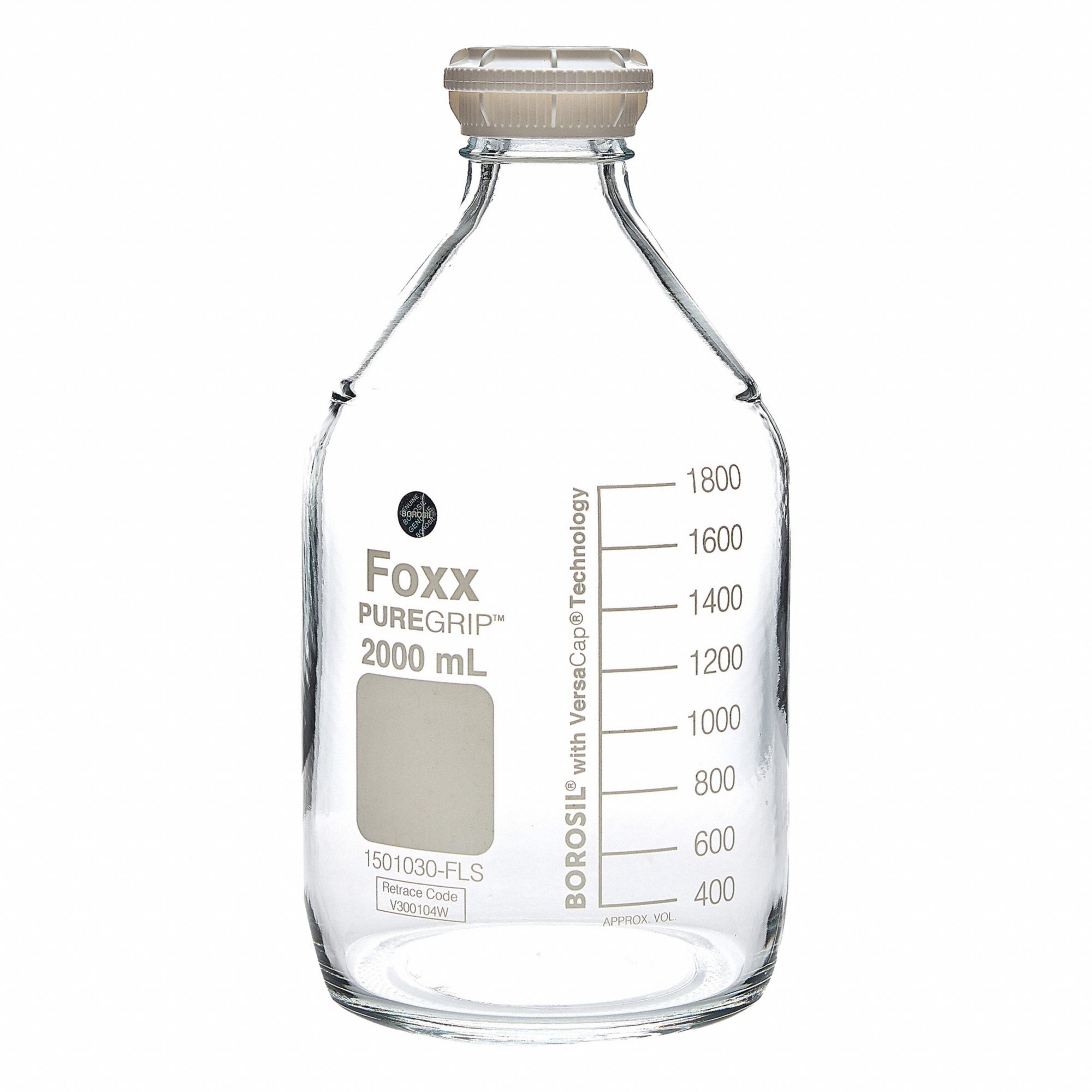 FOXX LIFE SCIENCES Glass Media, BOD, & Specialty Lab Bottles - Glass Lab Media Bottles: 3 L, GL45 (MPN 1501031-FLS). Key specifications — Closure Type: Screw-On; Mouth Size: Wide; Screw Closure Size: GL45; Brand: FOXX LIFE SCIENCES; Body Color: Colorless.