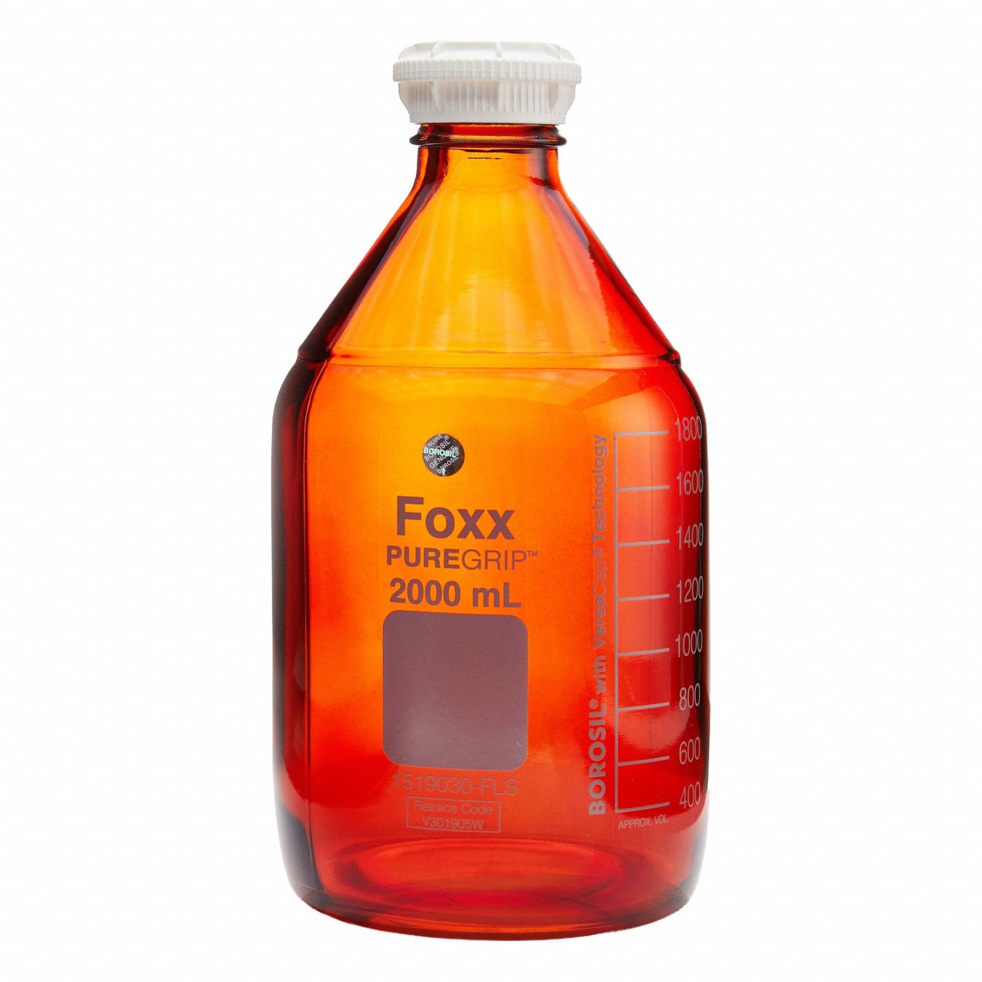 FOXX LIFE SCIENCES Glass Media, BOD, & Specialty Lab Bottles - Glass Lab Media Bottles: 3 L, GL45 (MPN 1519031-FLS). Key specifications — Closure Type: Screw-On; Mouth Size: Wide; Screw Closure Size: GL45; Brand: FOXX LIFE SCIENCES; Body Color: Amber.