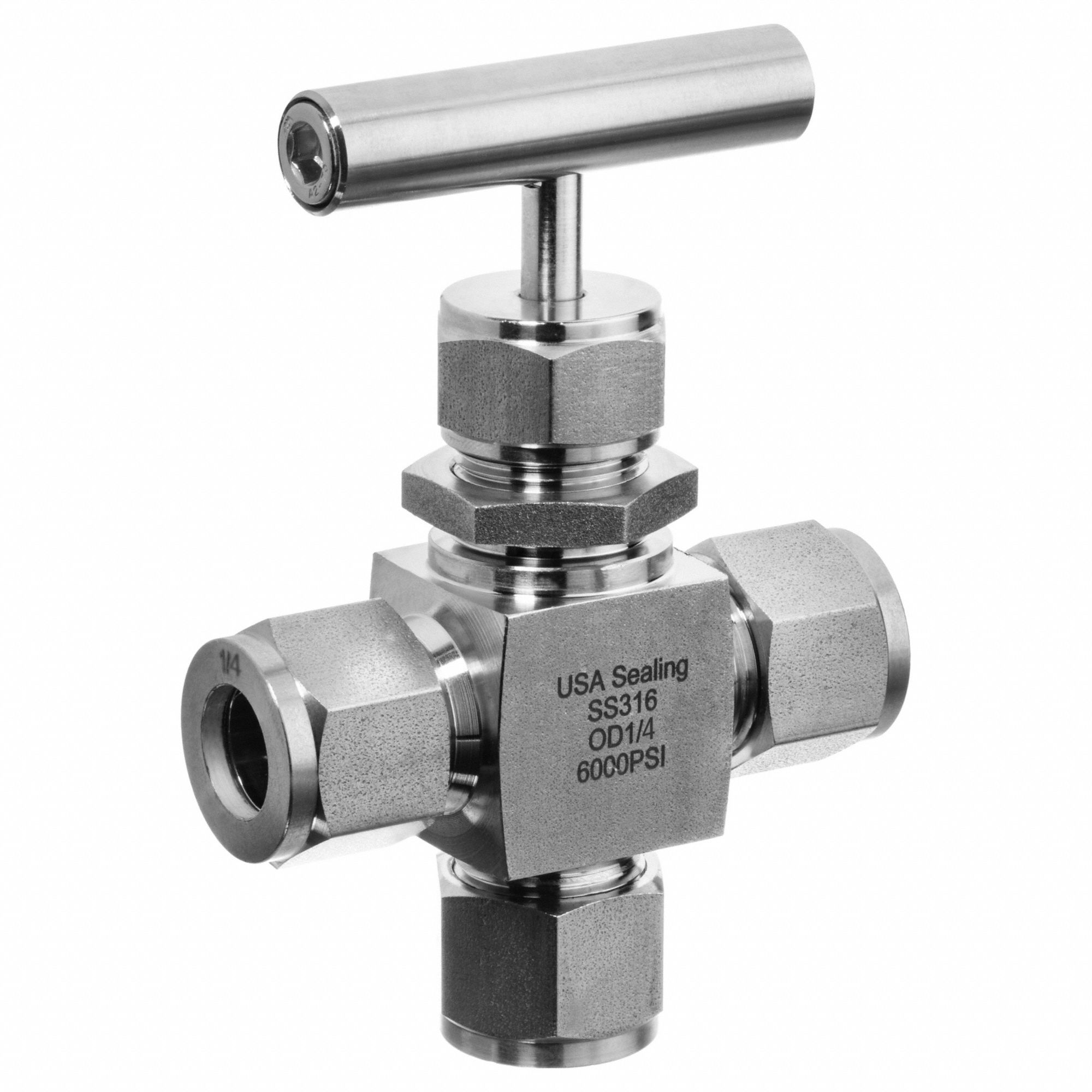 Ball Valve: 3-Way Valve Body, 316 Stainless Steel, Screw-In Bonnet, 1/8 in Pipe Size