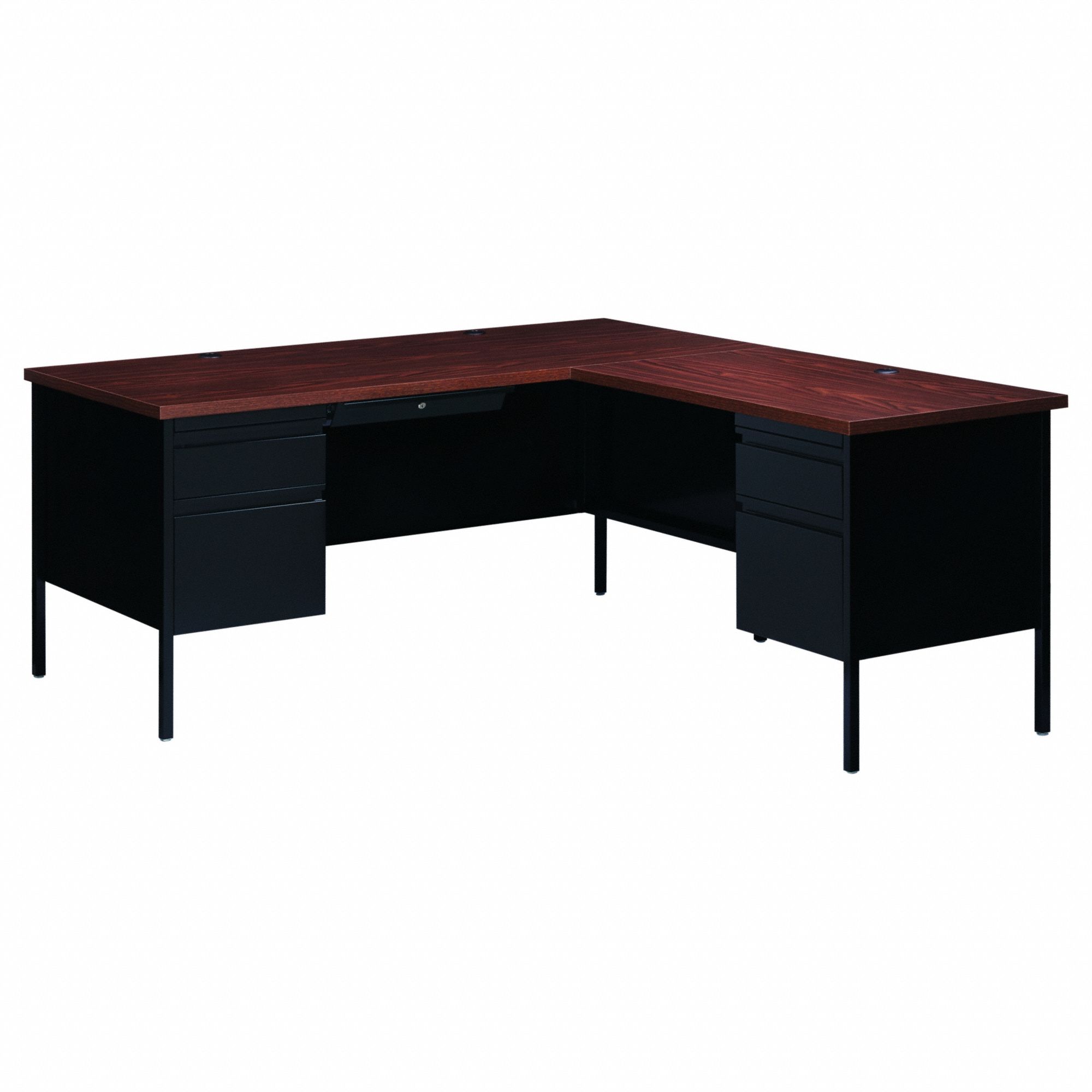 L-Shaped Office Desk: Particle Board, Black Matrix/Walnut, 2 Pedestals, 5 Drawers, Steel Frame