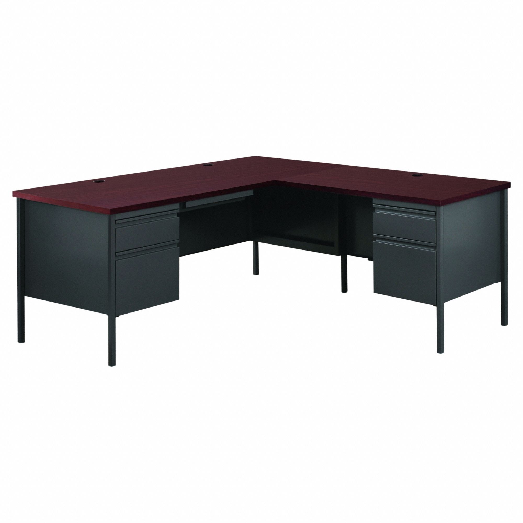 L-Shaped Office Desk: Particle Board, Charcoal/Mahogany, 2 Pedestals, 5 Drawers, Steel Frame