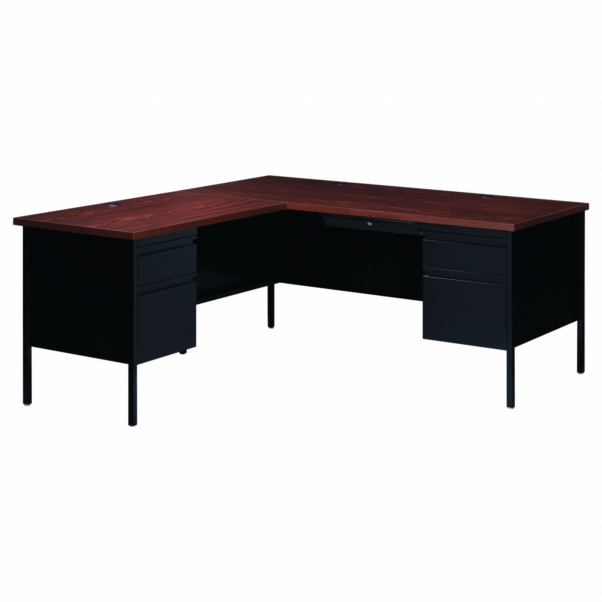 L-Shaped Office Desk: Particle Board, Black Matrix/Walnut, 2 Pedestals, 5 Drawers, Steel Frame
