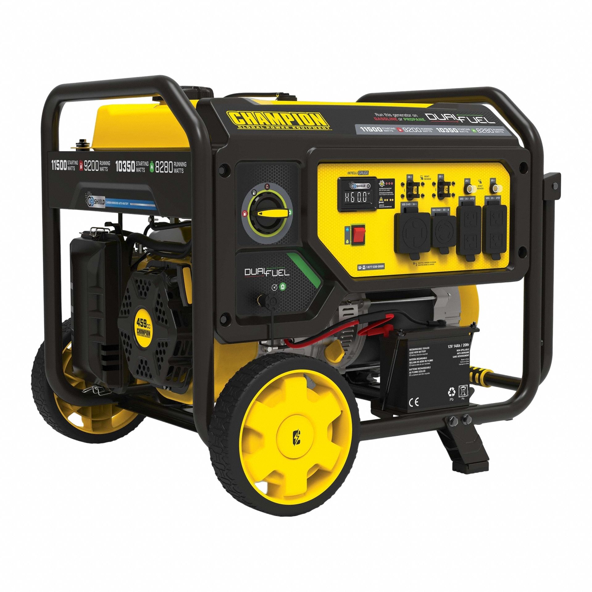 CHAMPION POWER EQUIPMENT Generator: Conventional, Gasoline/Propane, 9,200 W Running, 120/240V AC (MPN 201302). Key specifications — CARB Compliant: Yes; Includes GFCI Outlets: Yes; Parallel Configuration Capable: No; Rated Voltage: 120/240V AC; Carbon Monoxide (CO) Shutdown: Yes; Generator Brand: Champion.