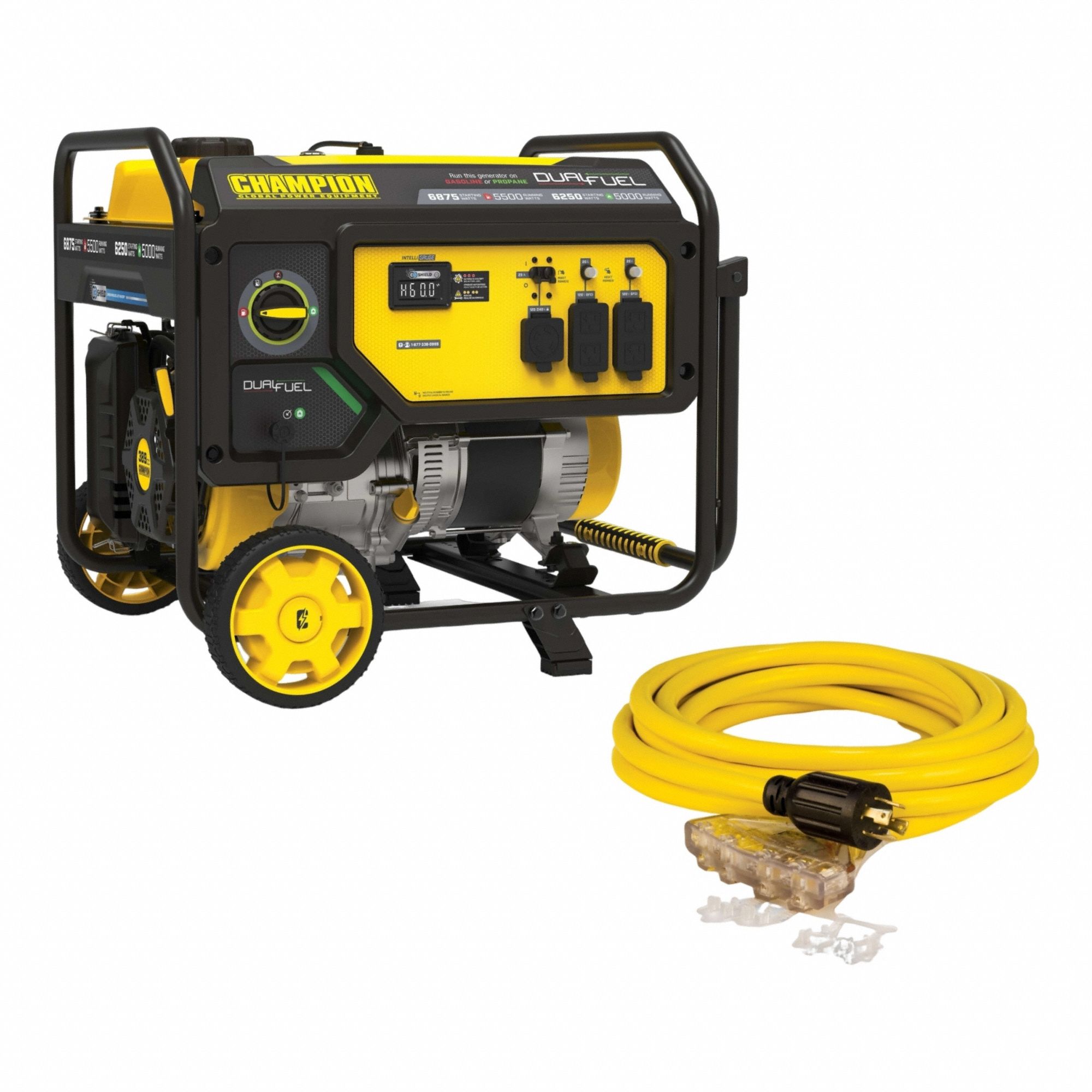 CHAMPION POWER EQUIPMENT Generator Extension Cord: Conventional, Gasoline/Propane, 5,500 W Running (MPN 201505-48036). Key specifications — CARB Compliant: No; Includes GFCI Outlets: Yes; Parallel Configuration Capable: No; Rated Voltage: 120/240V AC; Carbon Monoxide (CO) Shutdown: Yes; Generator Brand: Champion.