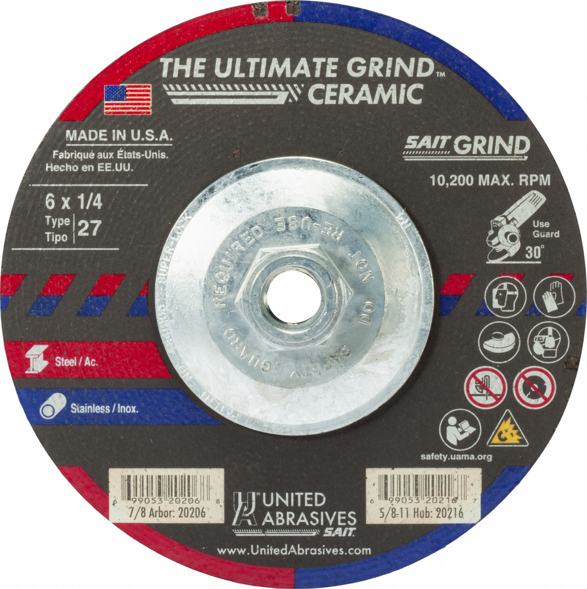 Abrasive Grinding Wheel: Type 27, 6" x 1/4" x 5/8"-11, Ceramic, 24 Grit, Ultimate Grind Ceramic