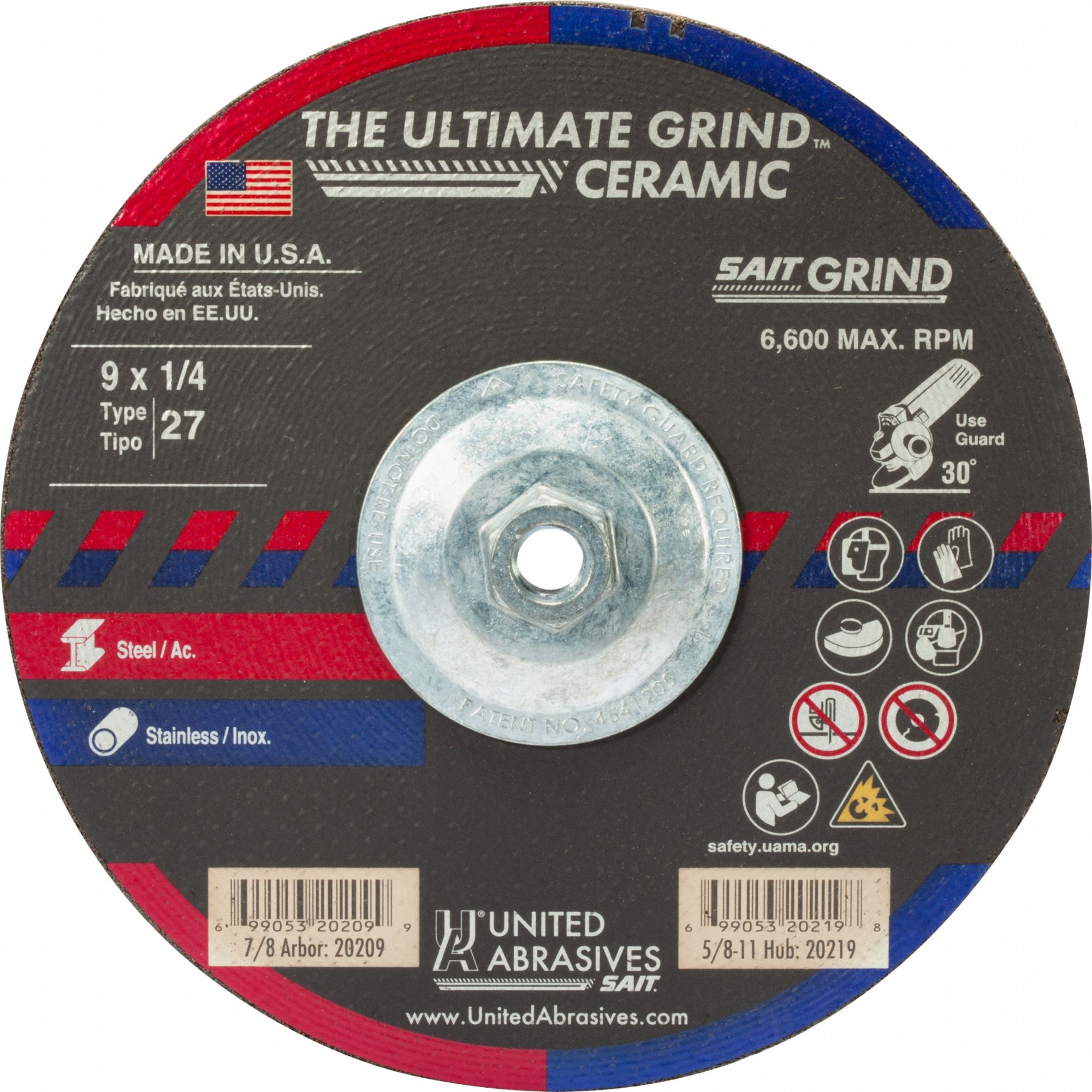 Abrasive Grinding Wheel: Type 27, 9" x 1/4" x 7/8", Ceramic, 24 Grit, Ultimate Grind Ceramic