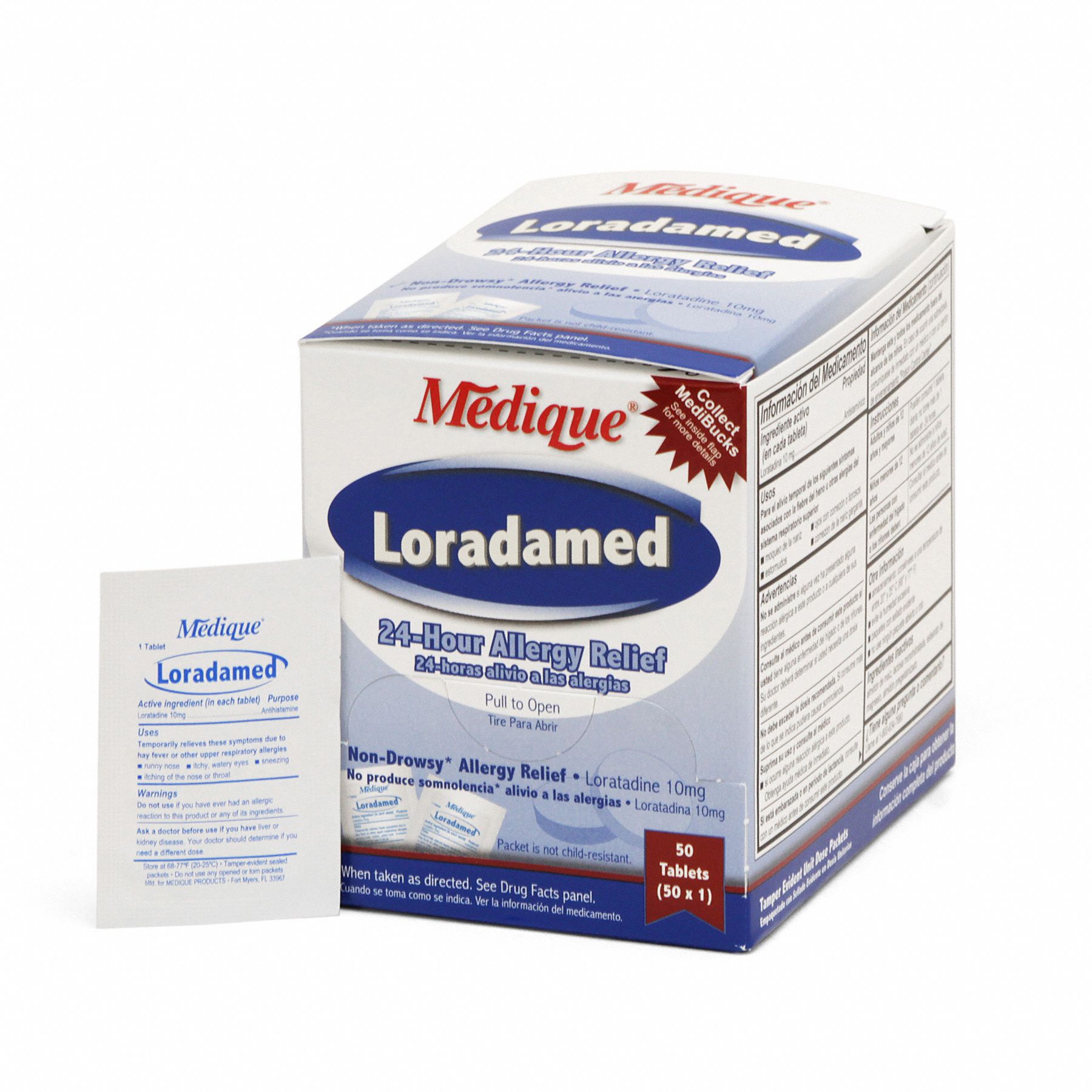 Sinus and Allergy Reliever: Loratadine, 50 Individual Doses, Unflavored, Tablet, 50 PK
