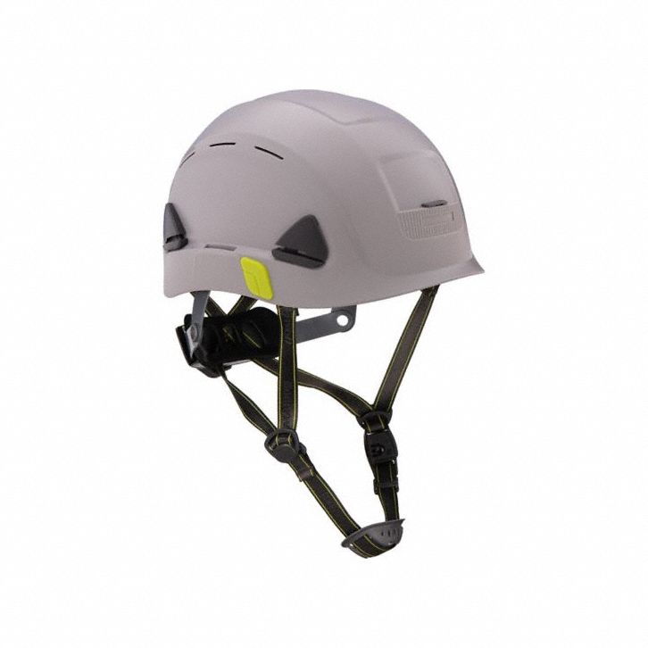 Climbing Helmet: Gray, No Graphics, Ratchet (8-Point), Ratchet, Polyethylene, Side-Slots, Gray
