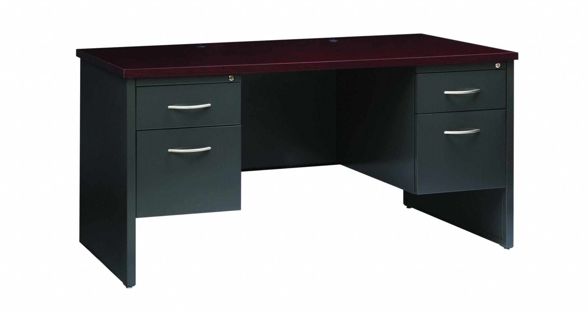 Office Desk: Particle Board, Charcoal/Mahogany, 2 Pedestals, 4 Drawers, 60 in Overall Wd