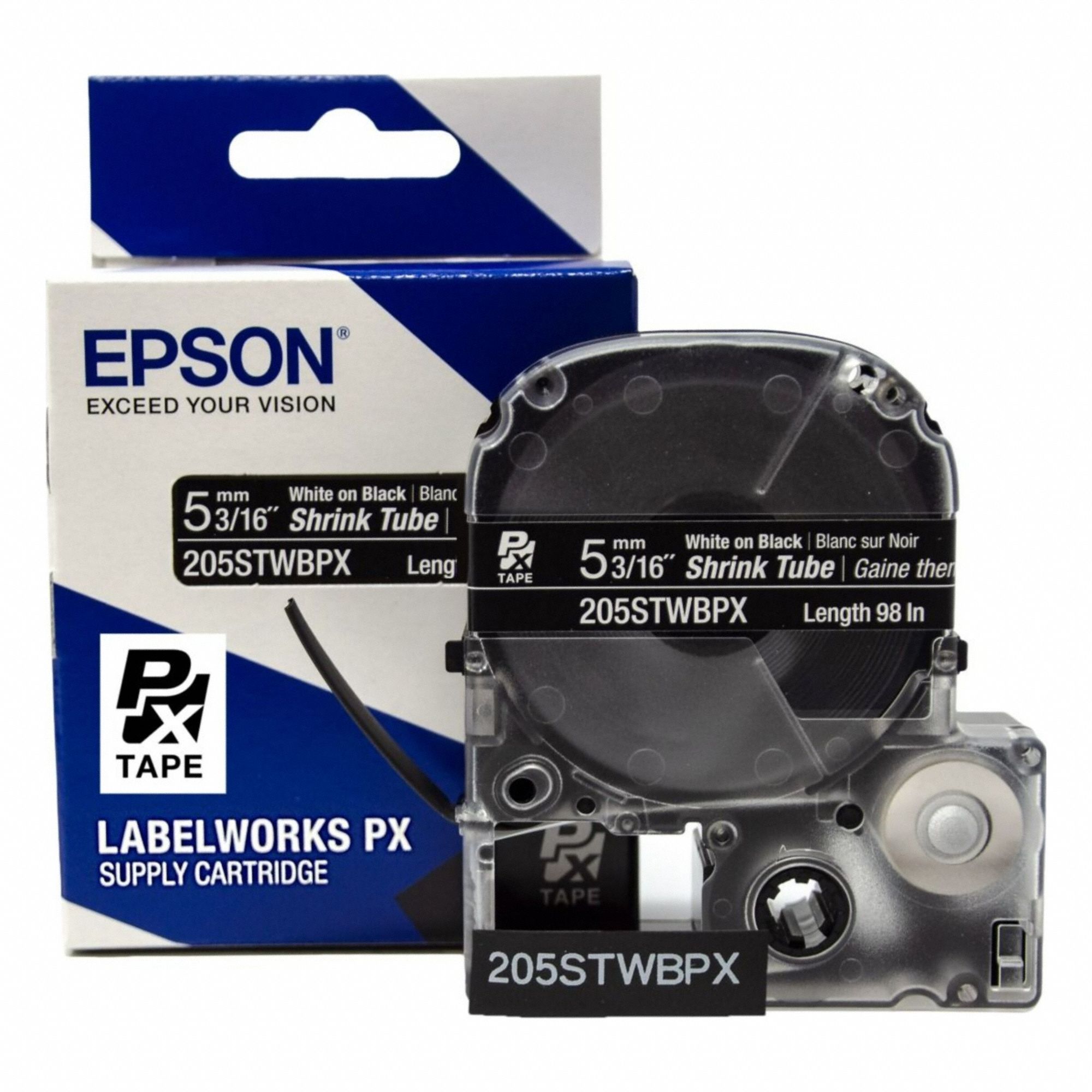 CONTINUOUS LABEL ROLL CARTRIDGE, HEAT SHRINK TUBE, WHITE ON BLACK, 0.187 IN W