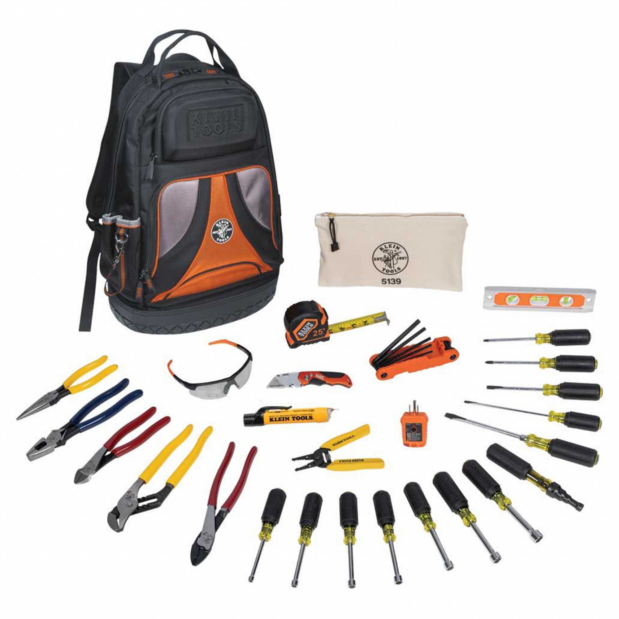 KLEIN TOOLS 28 Total Pcs Tool Backpack Electricians Tool Kit 2VZA9 80028 Grainger