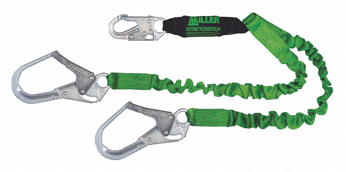 Shock-Absorbing Lanyard: Shock Pack, Steel Rebar Hook, Polyester Web Loop, 310 lb Capacity