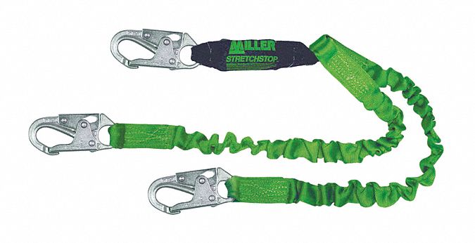 Shock-Absorbing Lanyard: Shock Pack, Steel Snap Hook, Steel Snap Hook, 310 lb Capacity, Green