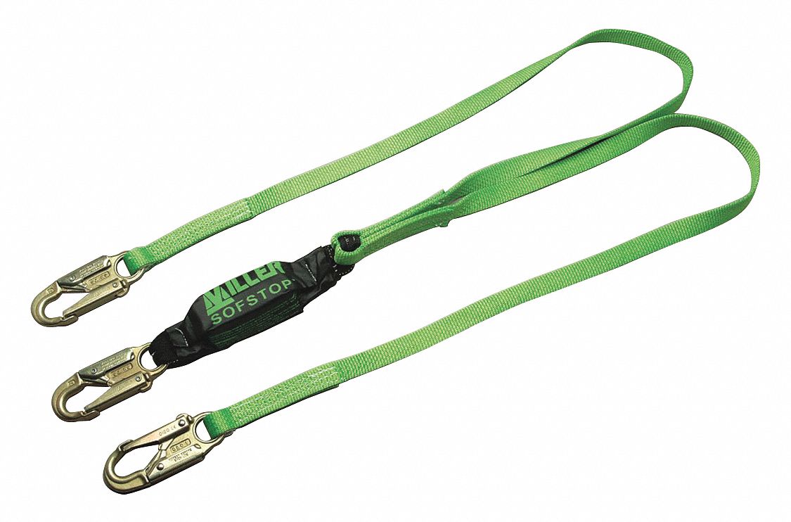 Shock-Absorbing Lanyard: Shock Pack, Steel Snap Hook, Steel Snap Hook, 310 lb Capacity, Green