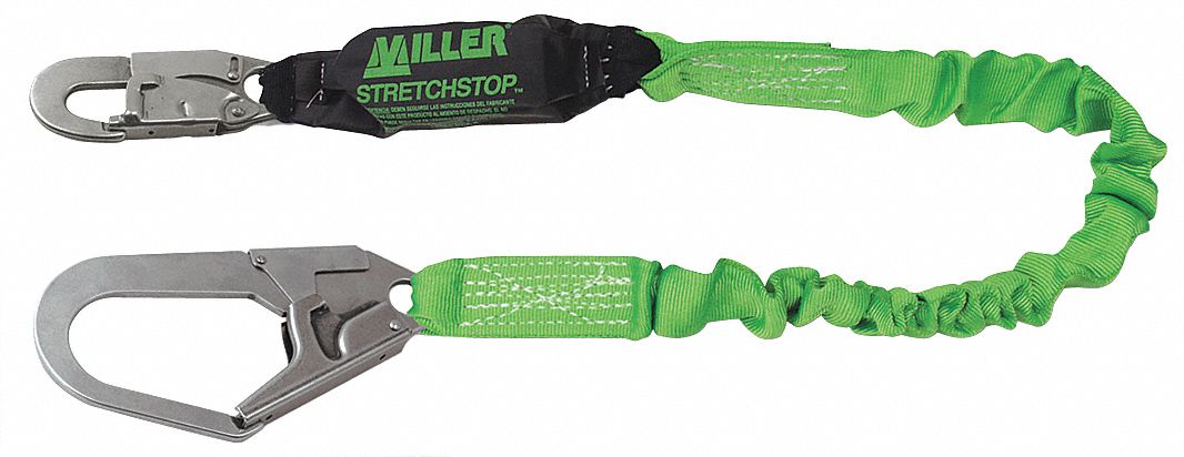 Shock-Absorbing Lanyard: Tubular Webbing, Steel Rebar Hook, Steel Snap Hook, 310 lb Capacity
