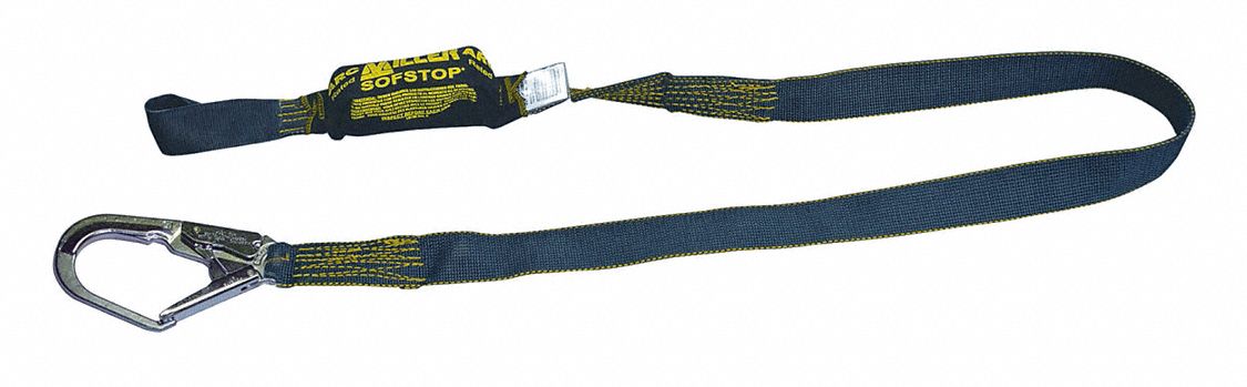 Shock-Absorbing Lanyard: Shock Pack, Arc-Flash Rated, Steel Snap Hook, Kevlar Web Loop, Black