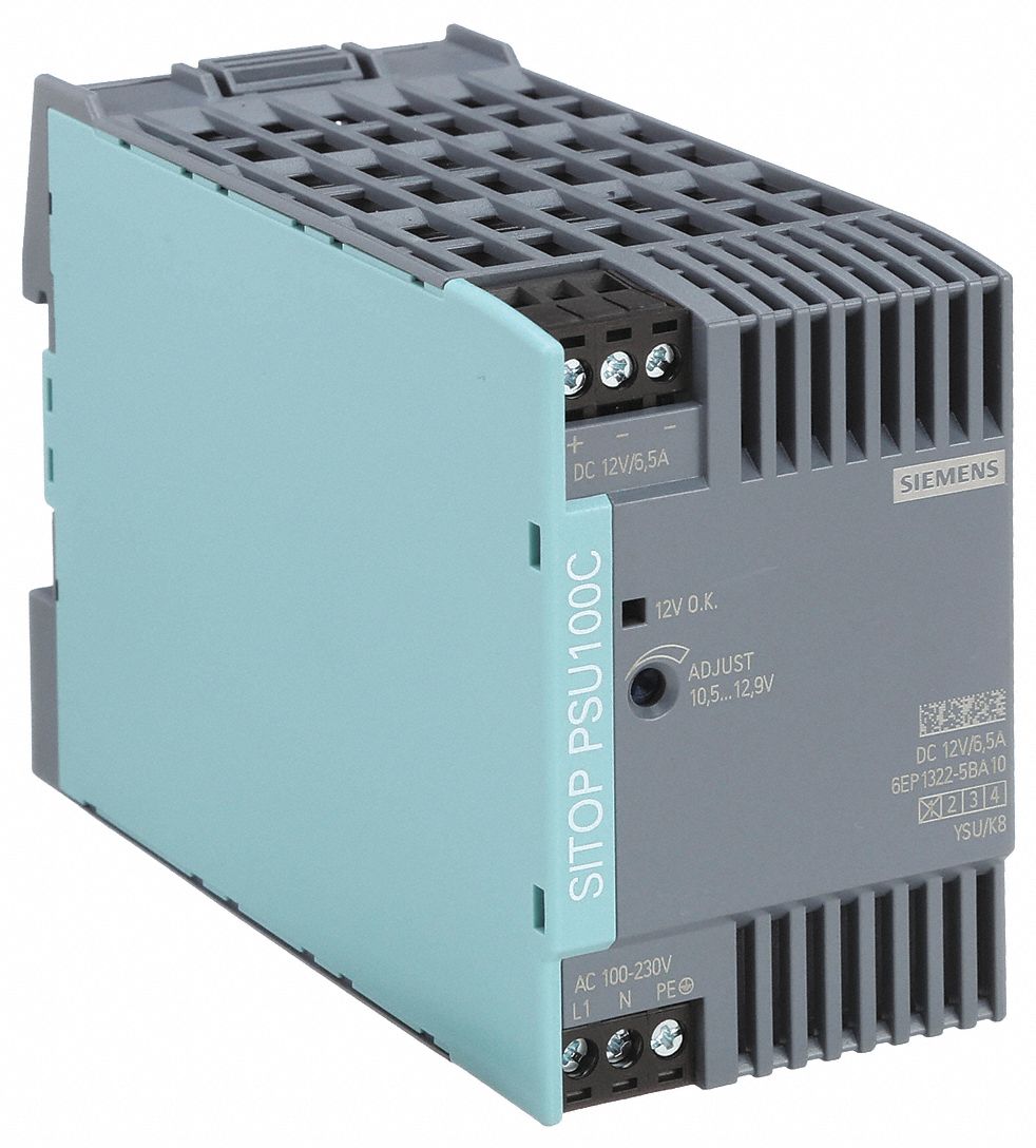 DC Power Supply: DIN Rail, 78 W Output Power - Rated, 6.5 A Current - Output, Single Phase