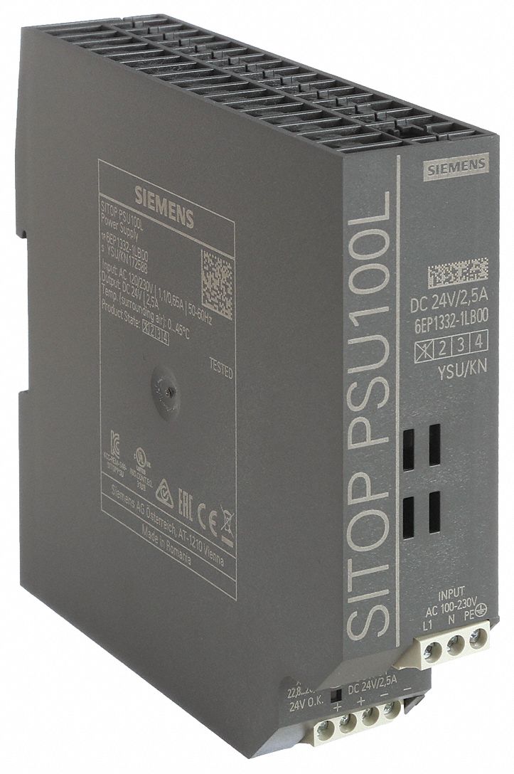 DC Power Supply: DIN Rail, 60 W Output Power - Rated, 2.5 A Current - Output, Single Phase