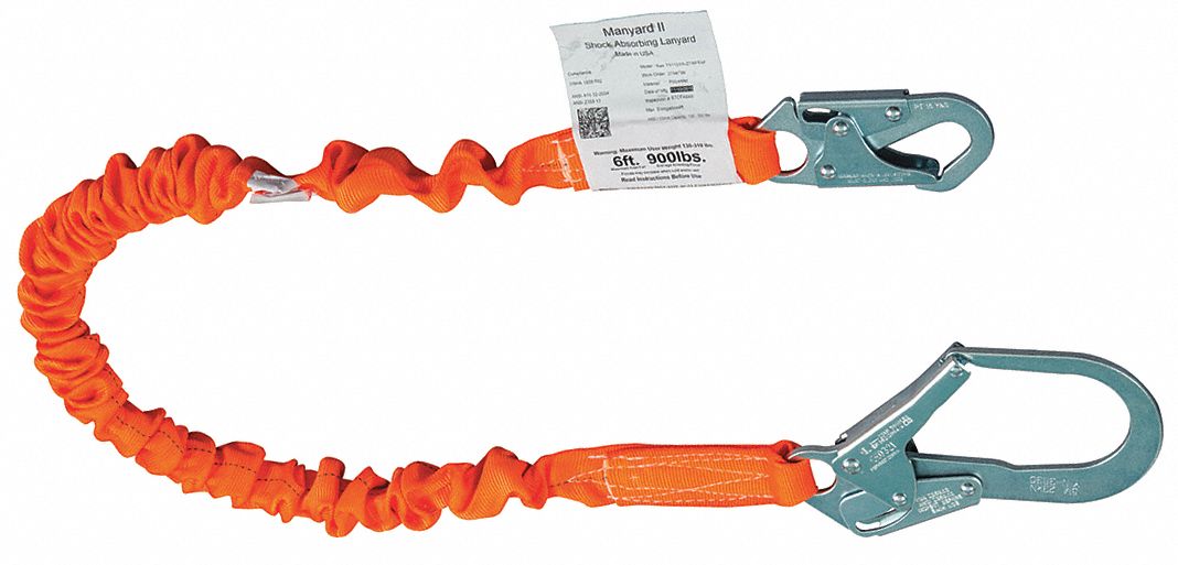 Shock-Absorbing Lanyard: Tubular Webbing, Steel Rebar Hook, Steel Snap Hook, 310 lb Capacity