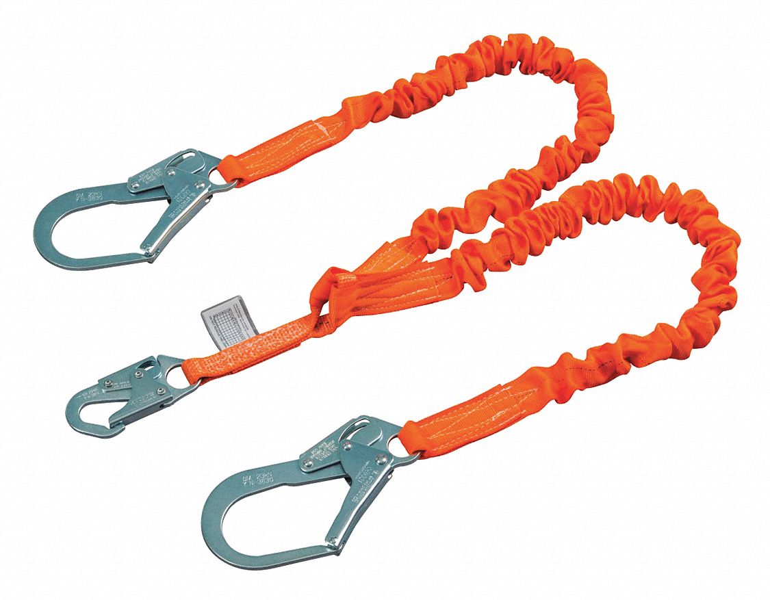 Shock-Absorbing Lanyard: Tubular Webbing, Steel Rebar Hook, Steel Snap Hook, 310 lb Capacity