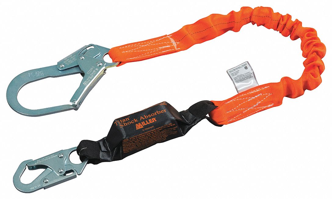 Shock-Absorbing Lanyard: Shock Pack, Steel Rebar Hook, Steel Snap Hook, 310 lb Capacity, OSHA