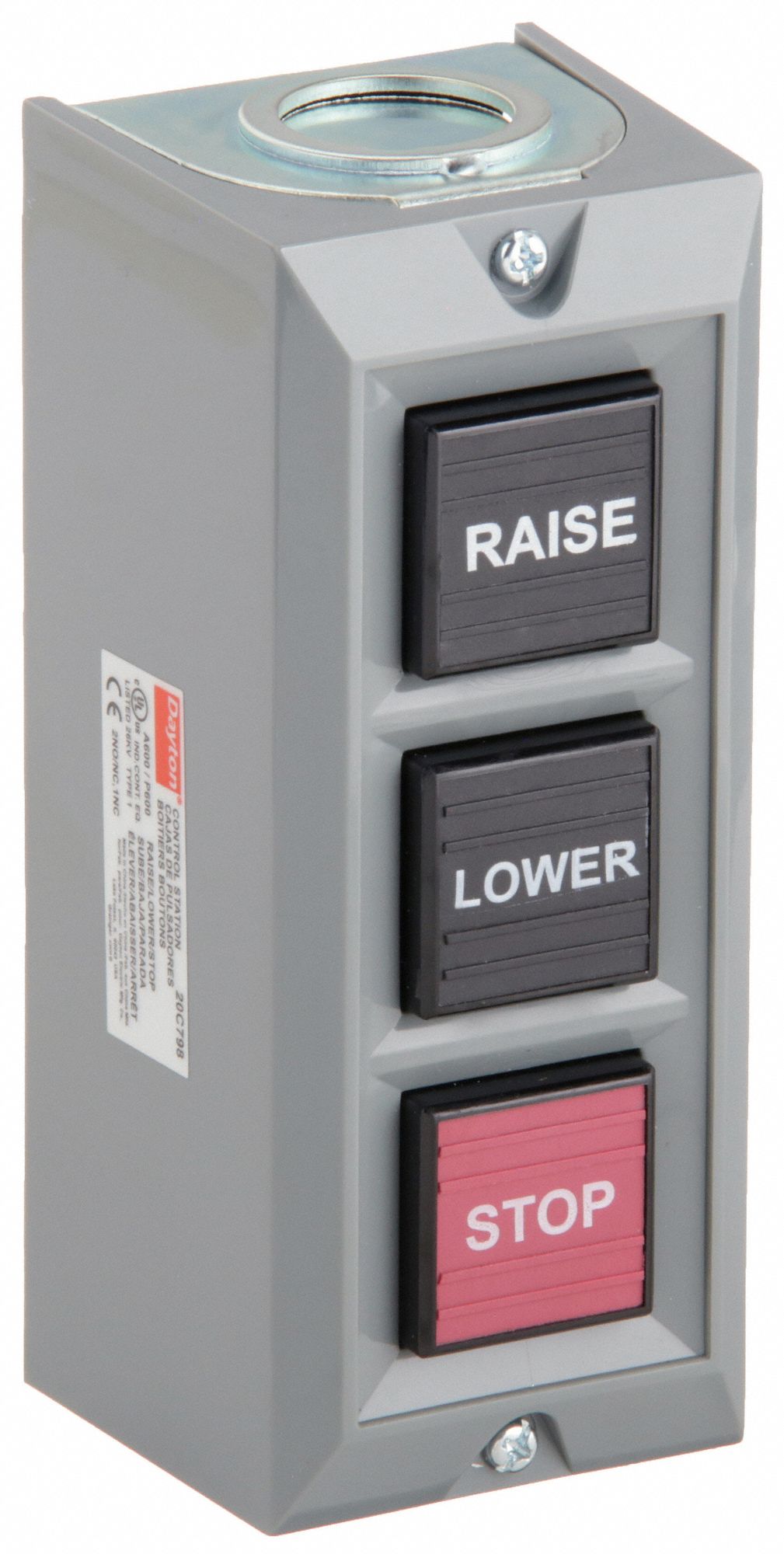 CONTROL STATION, 3 PUSH BUTTONS, 0 PILOT LIGHTS, 2NO/3NC, RAISE/LOWER/STOP