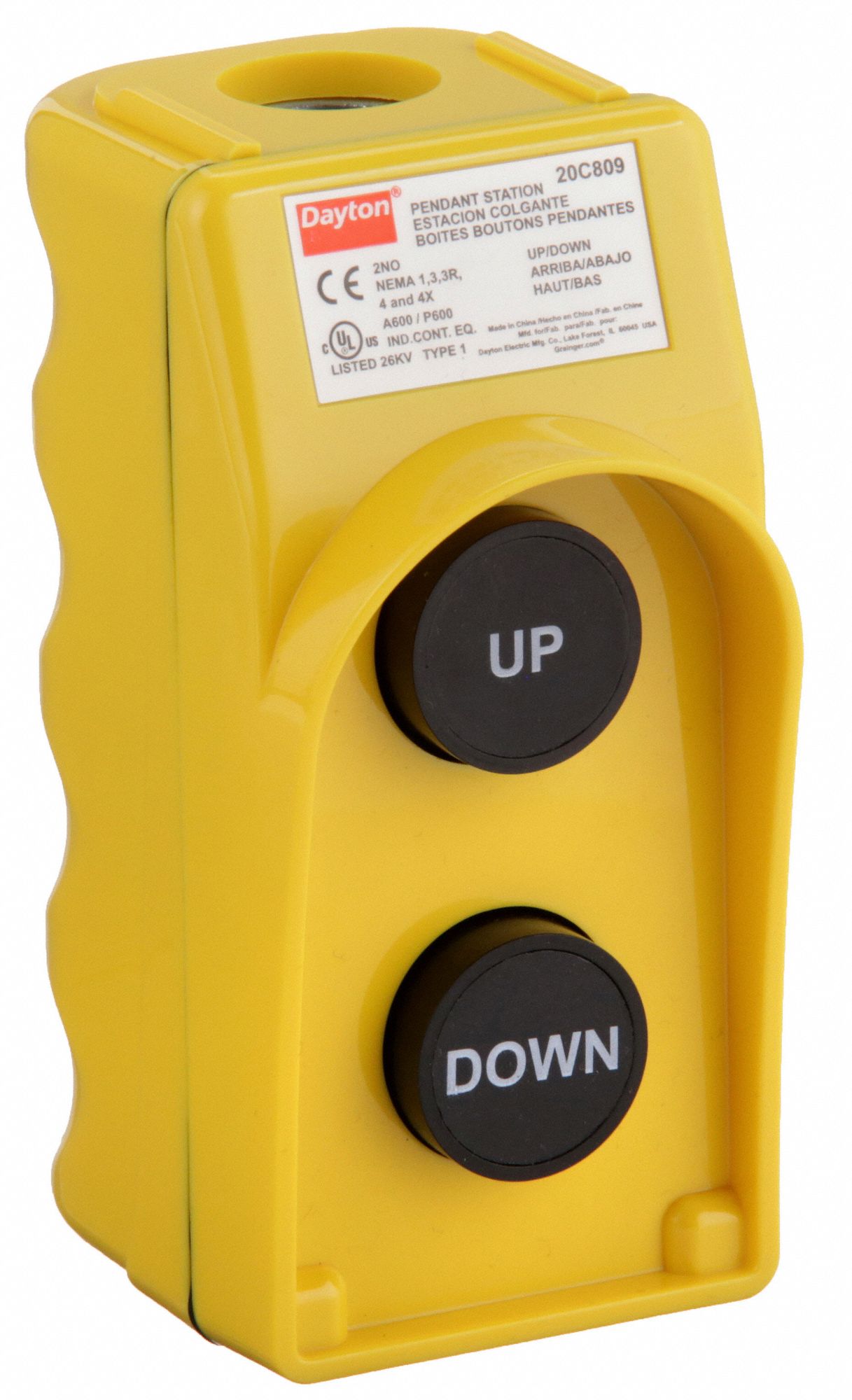 DAYTON Pendant Push Button Station: Up/Down, 2NO, Mechanical Interlock,  1/3/3R/4/4X, Yellow