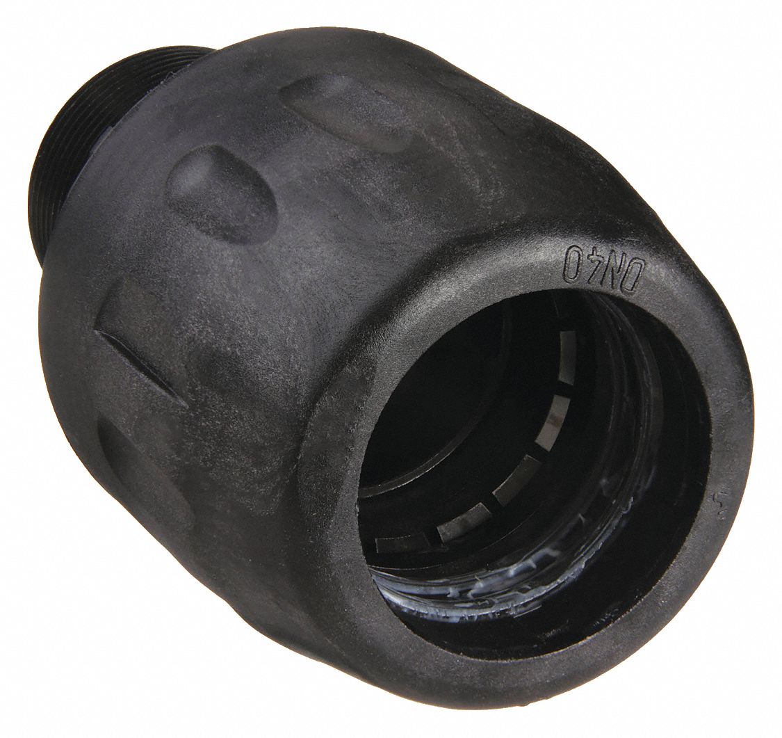 Push-Fit Adapter Fitting: 1 1/2 in OD x 1 1/4 in Pipe Size, Push-to-Connect x MNPT, Black