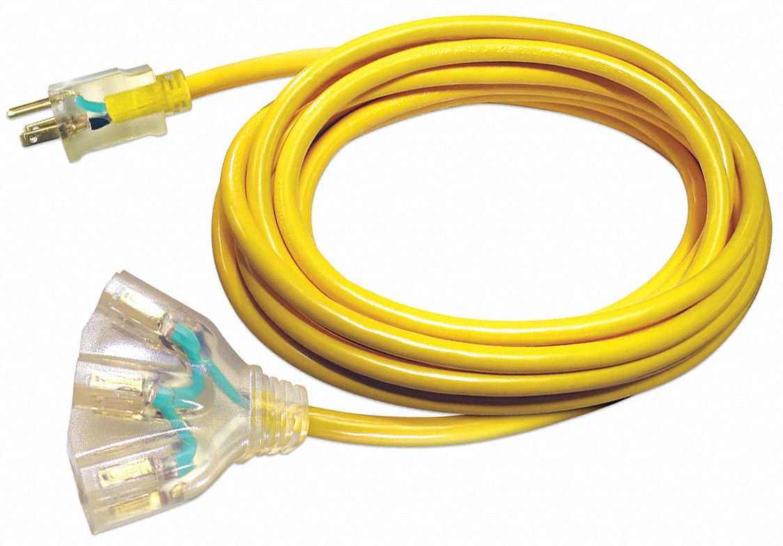 GRAINGER APPROVED Lighted Extension Cord, Outdoor, 15.0 A, 125V AC, Number of Outlets 3, Yellow