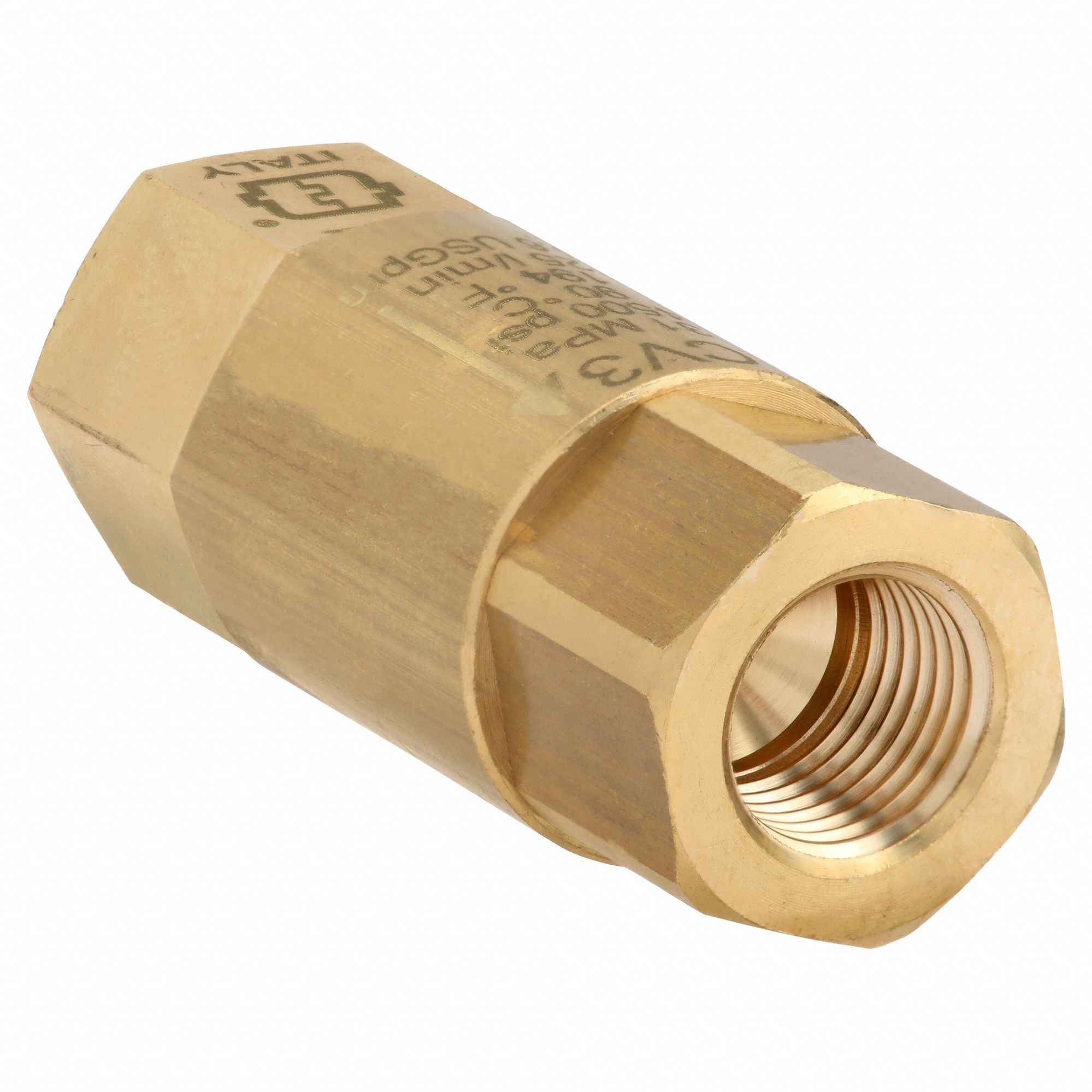 MECLINE Check Valve: Single Flow, Inline Spring Piston,  Brass/Buna-N/Stainless Steel, FNPT x FNPT