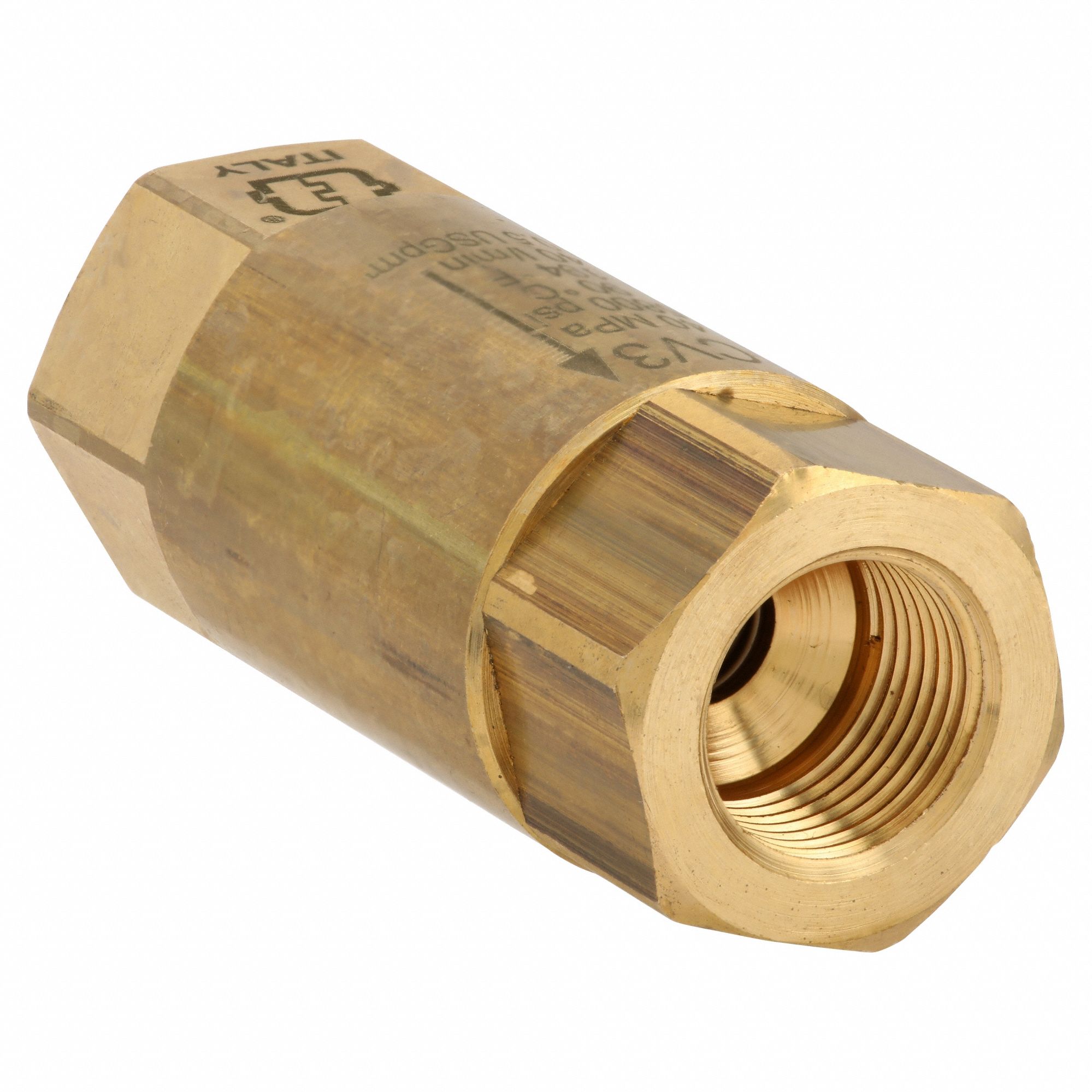 MECLINE Check Valve: Single Flow, Inline Spring Piston,  Brass/Buna-N/Stainless Steel, FNPT x FNPT