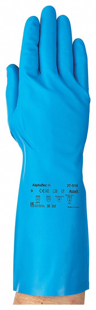 FOOD GLOVES, GAUNTLET CUFF, RAISED DIAMOND GRIP, SZ M/8, 13 IN L/11 MIL THICK, BLUE, NITRILE