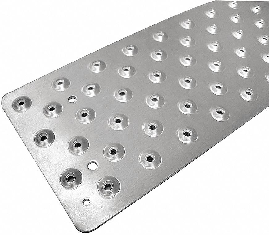 Stair Tread Cover: Raised Discs, Aluminum, Fastener-Installed, 48 in Wd, 3 3/4 in Dp, Silver