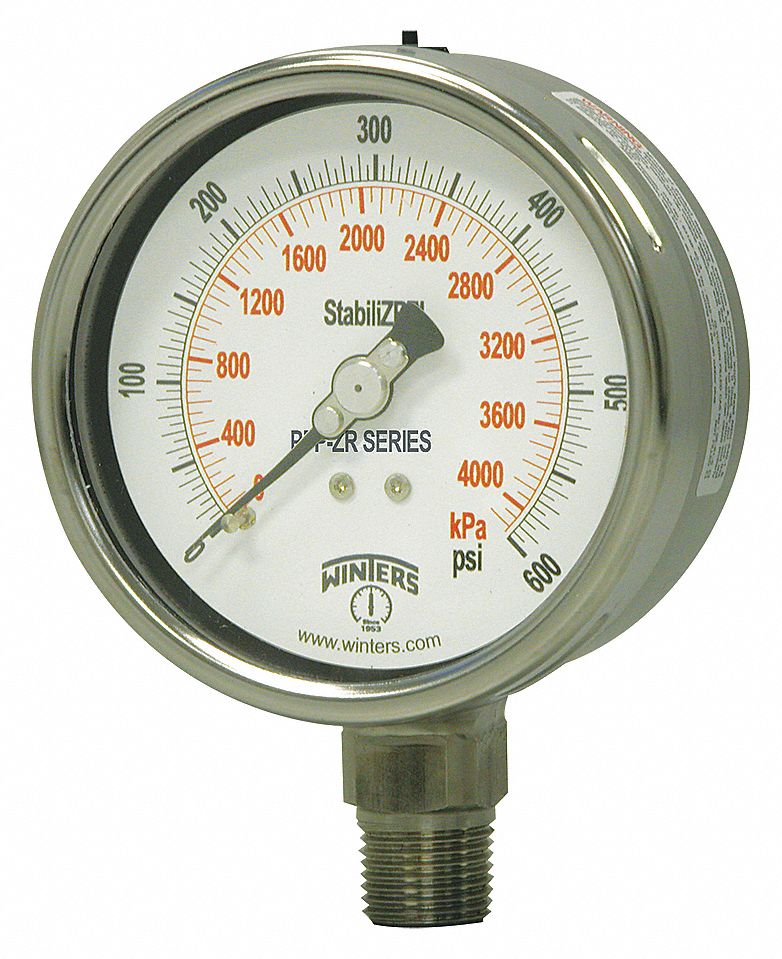 PRESSURE GAUGE, WITH STABILIZR, BOTTOM MOUNT, 0-100 PSI/KPA, 1/2 IN MNPT, DIAL 4 IN, SS